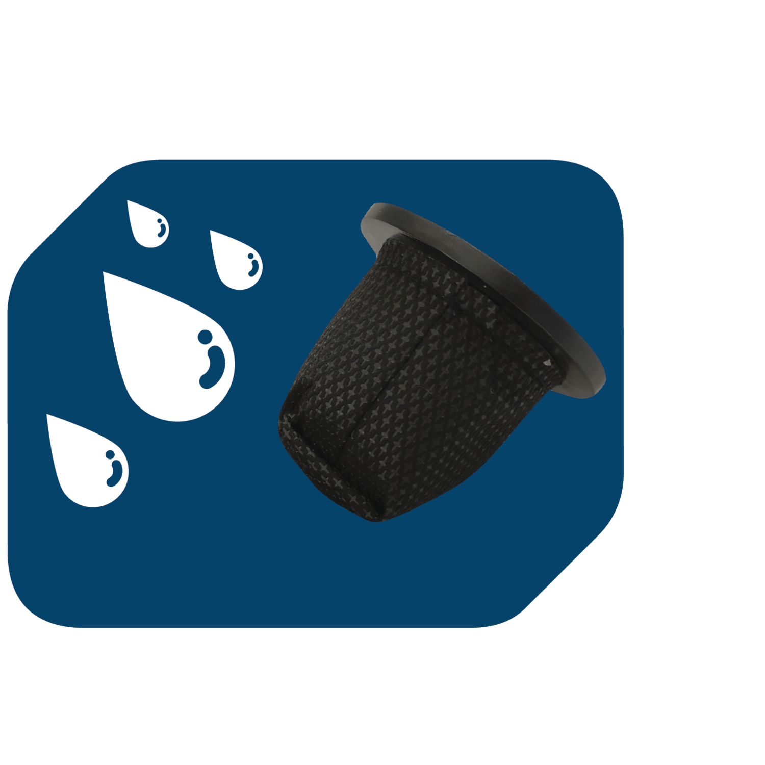 Black filter with water droplets symbol. Blue background.