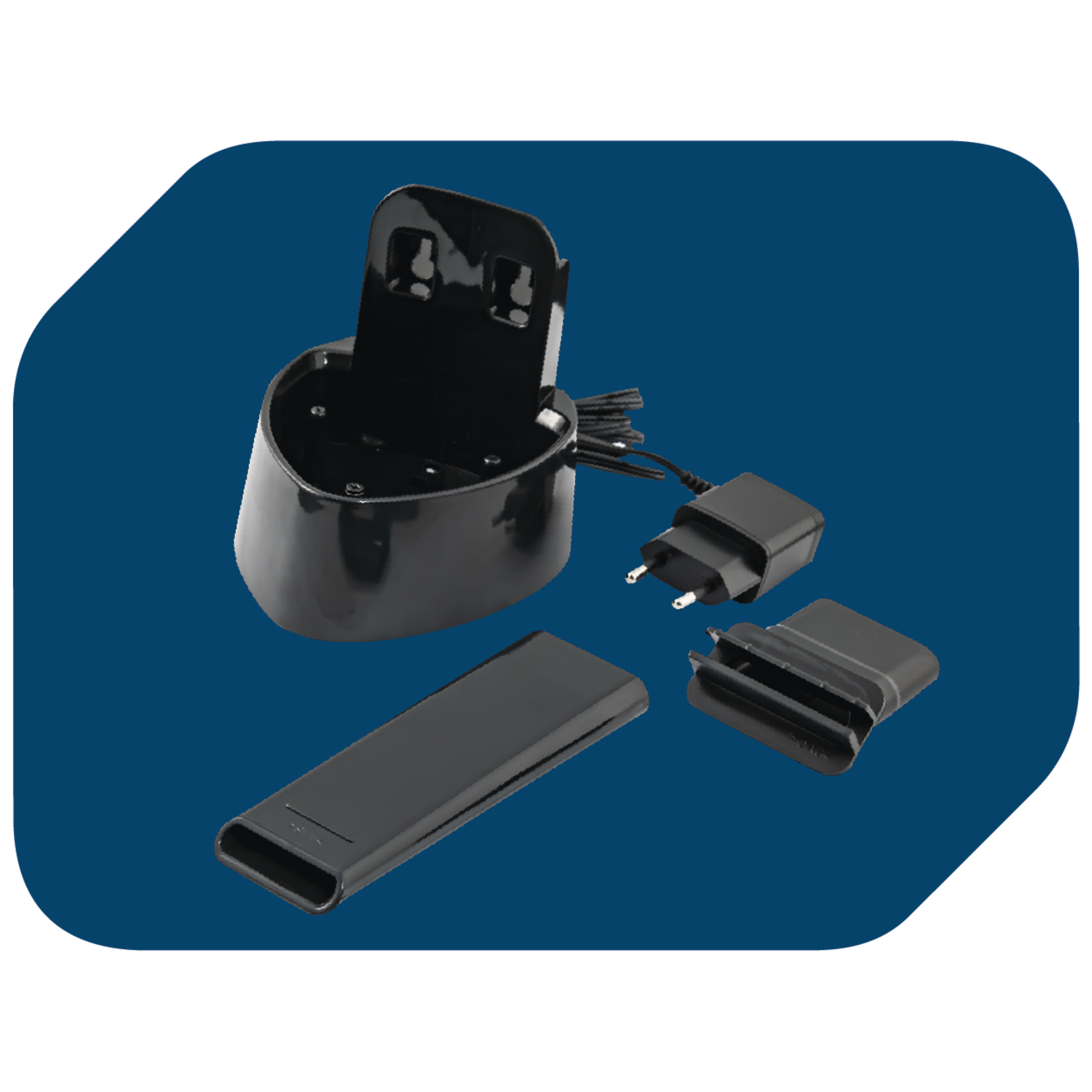 A black charging station with a base, charging units, and a power adapter, on a blue background.
