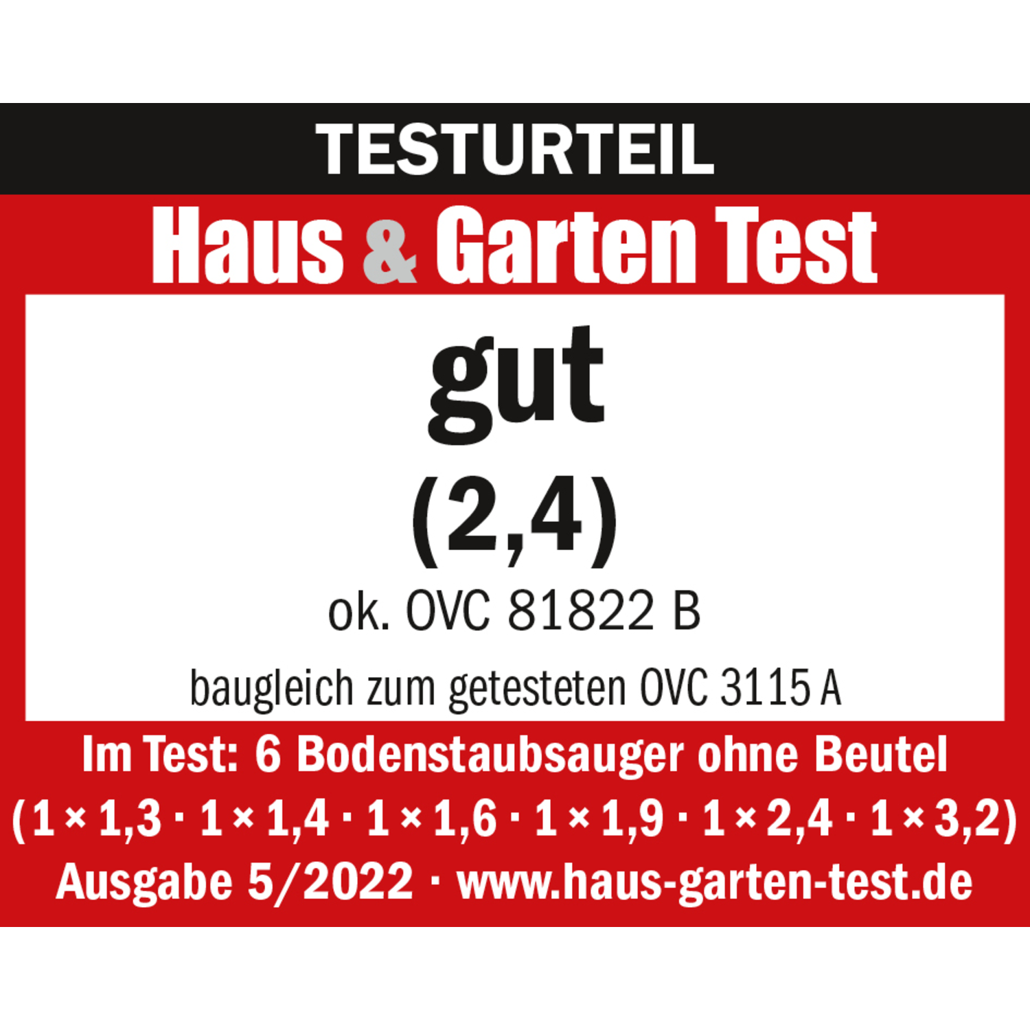 Red and white banner with text: Haus & Garten Test, gut (2,4), and other test details. Includes a website address.
