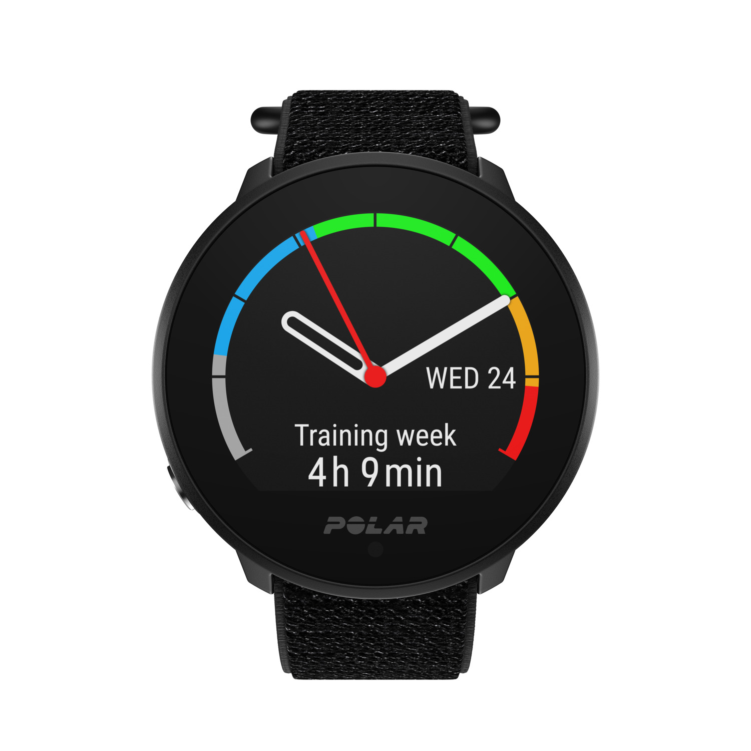 A black Polar smartwatch showing time, training week, and a colorful dial.