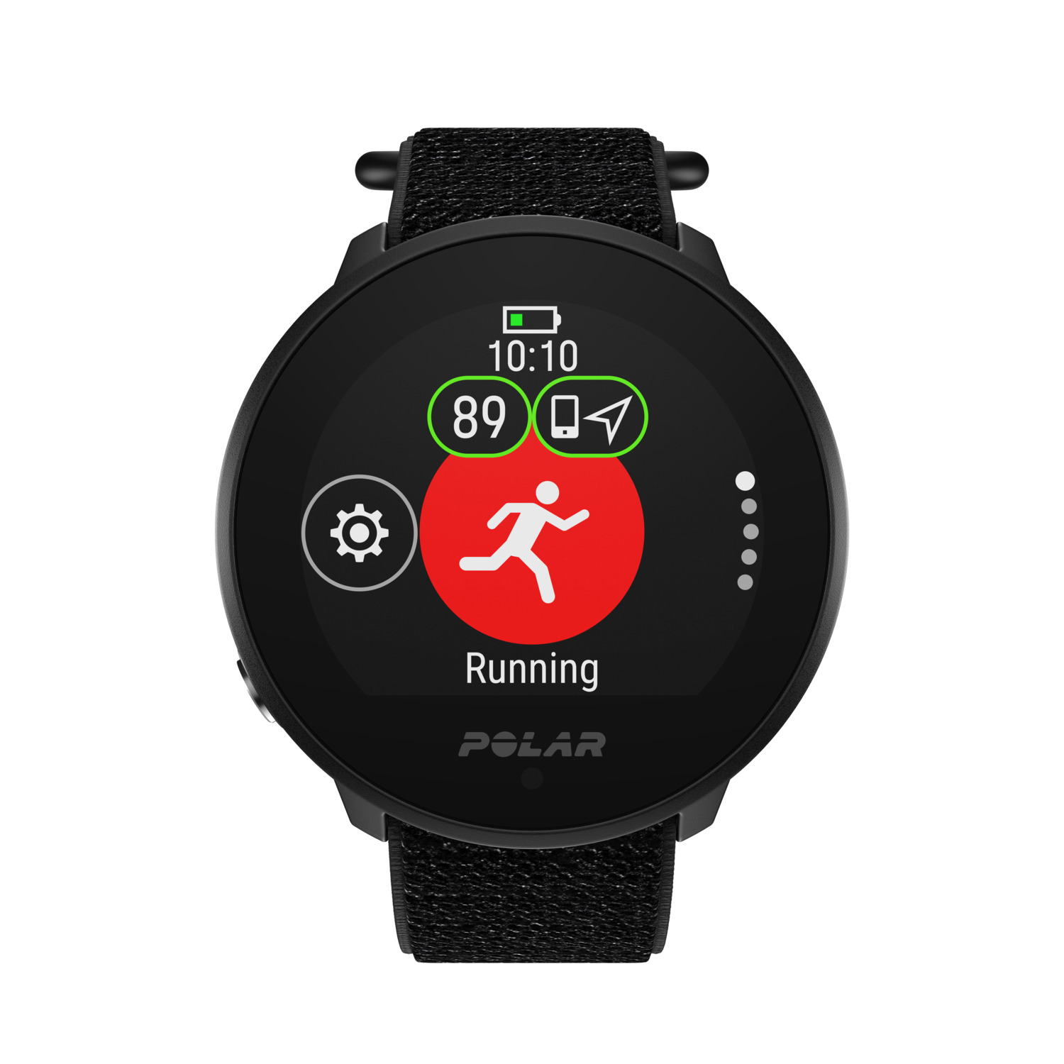 Black smartwatch with a black strap. The screen shows running activity at 10:10.