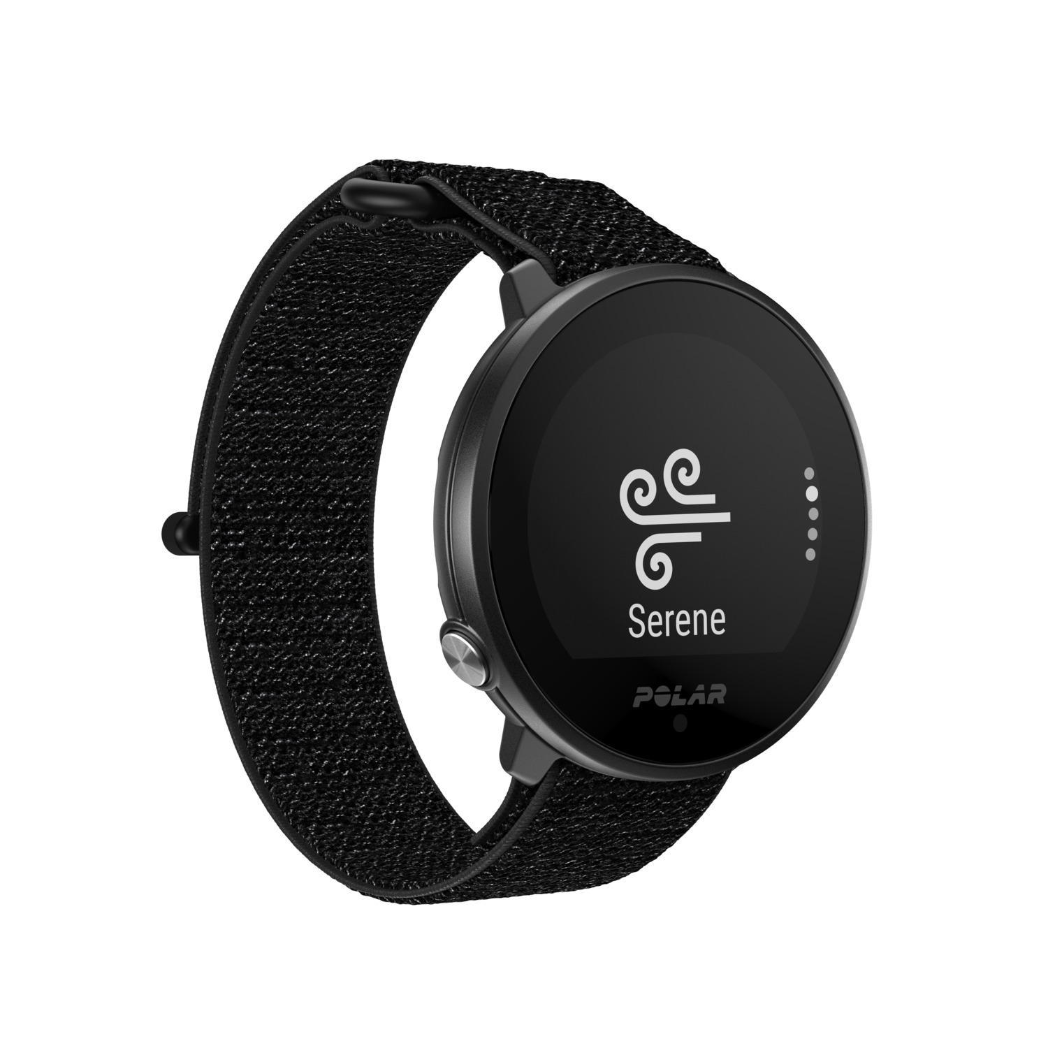 Black Polar smartwatch with a black band, showing a wind symbol and the word 'Serene'.
