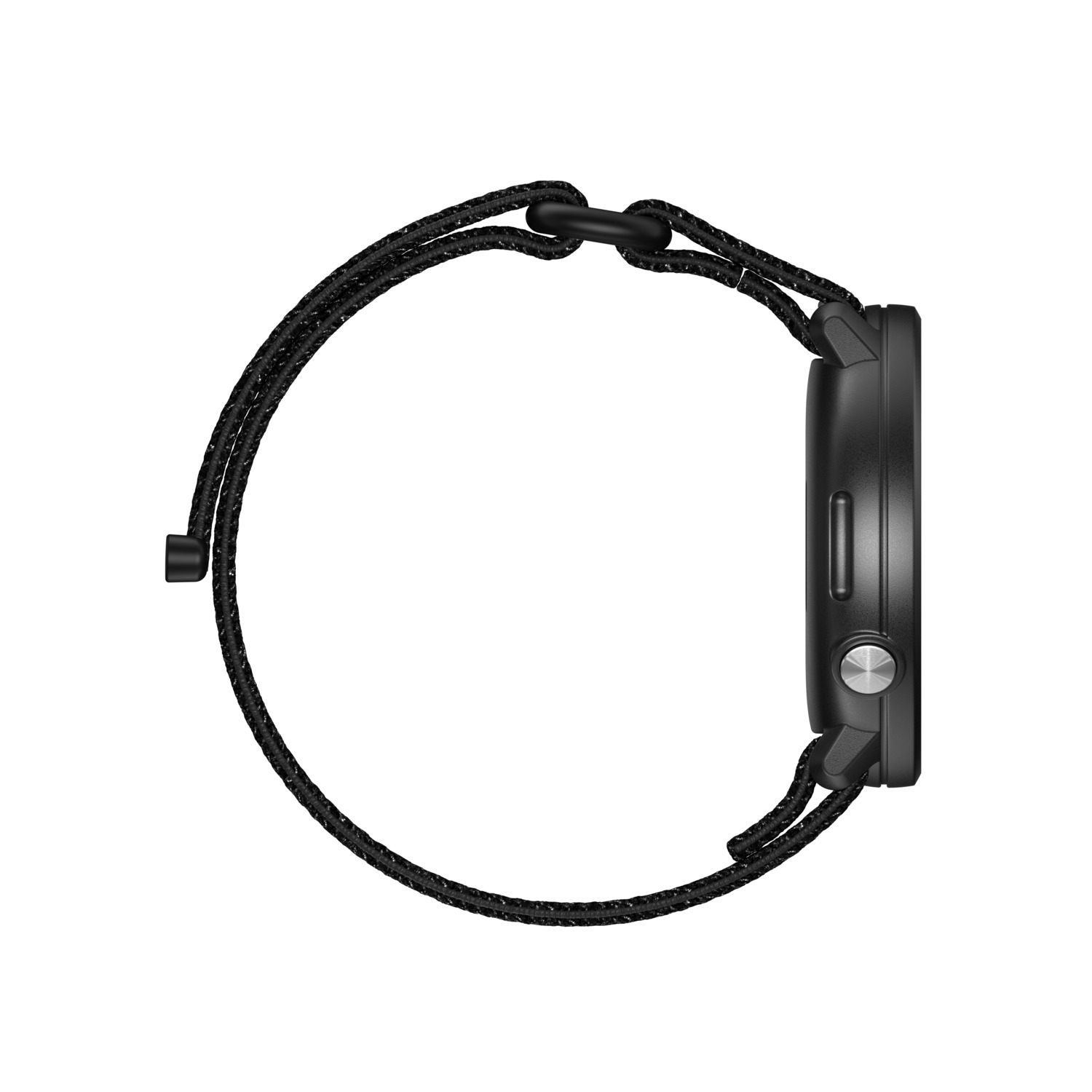 A black smartwatch with a black strap on a white background.