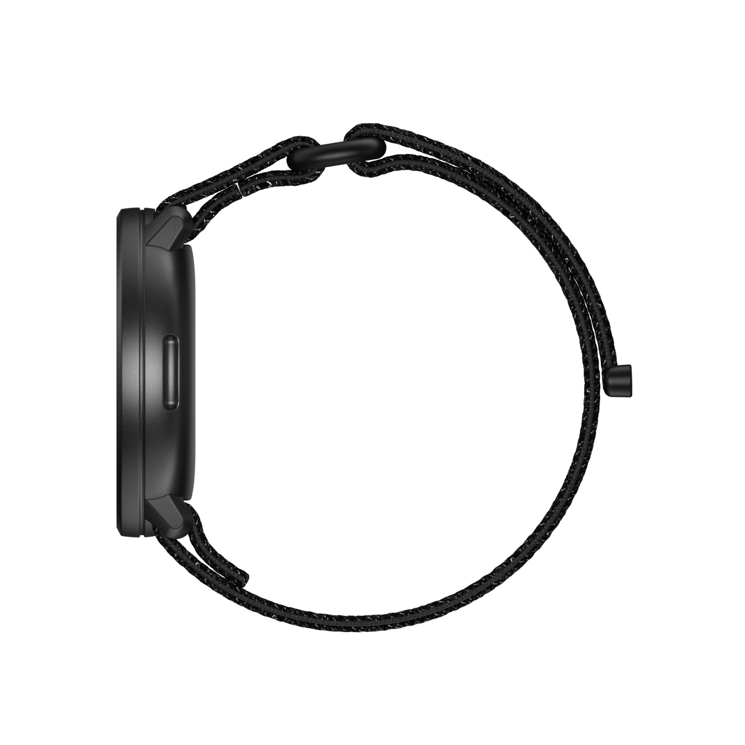 Black smartwatch with black strap, side view, on a white background.