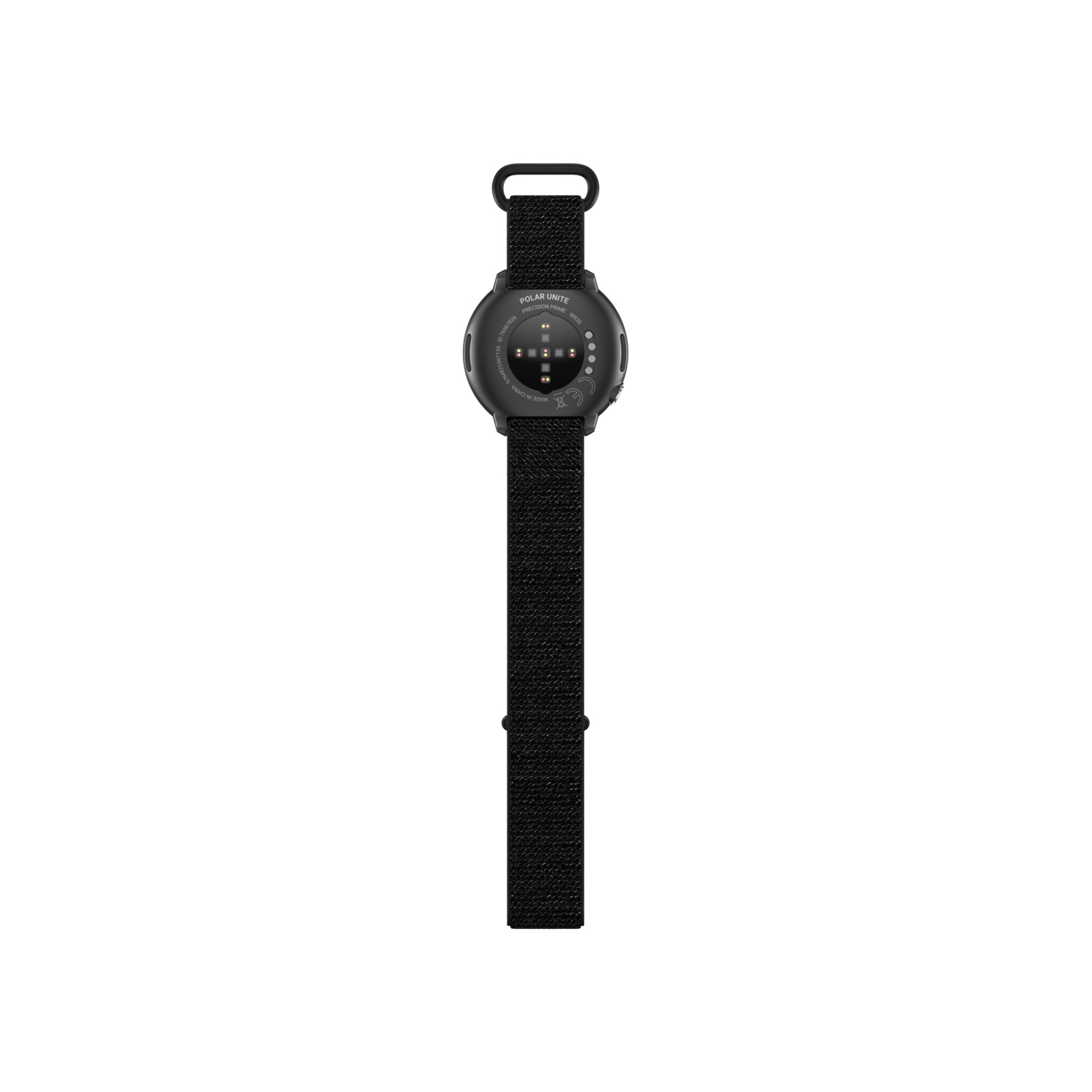 Black smartwatch back. Shows sensors and band attachment.