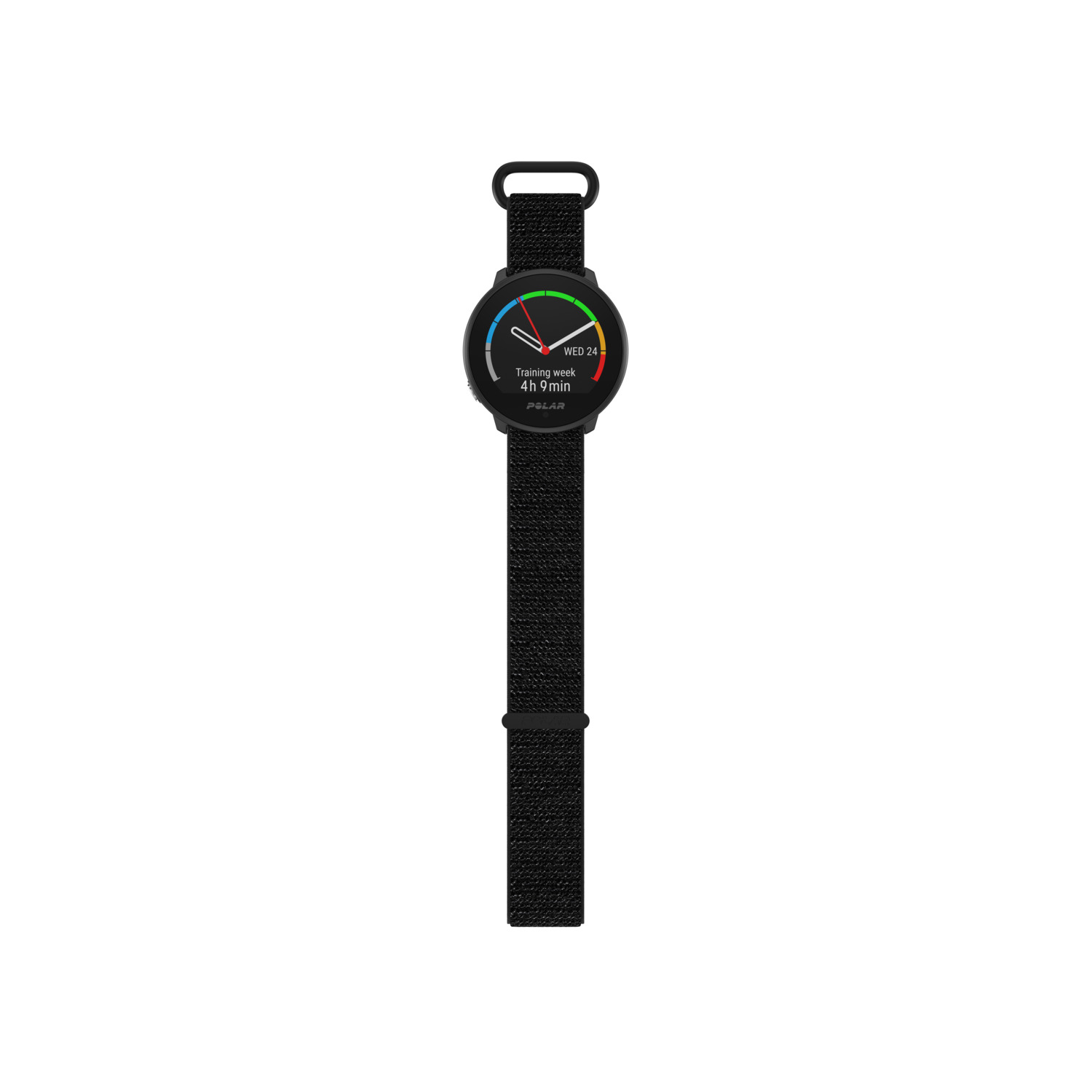 A black Polar smartwatch with a black strap. The watch face displays data, including the day.