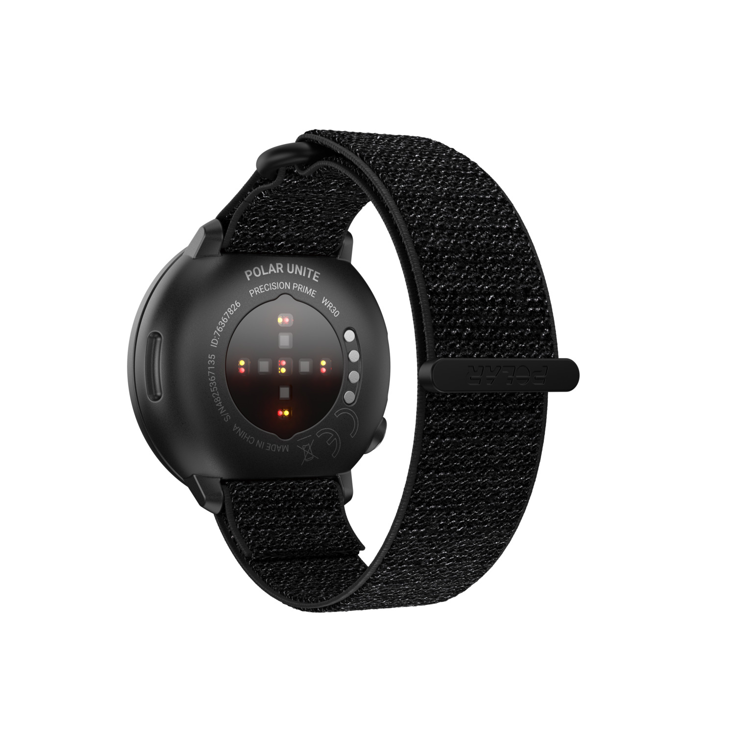A black smartwatch with a black strap is seen from the back, showing sensors and a band.
