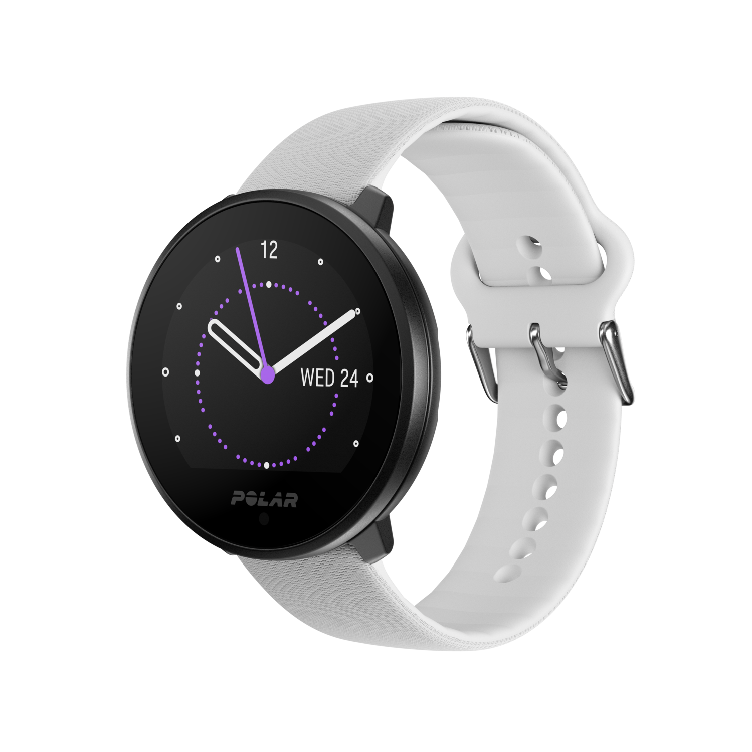 Une montre intelligente noire avec un bracelet blanc, affichant l'heure et la date.