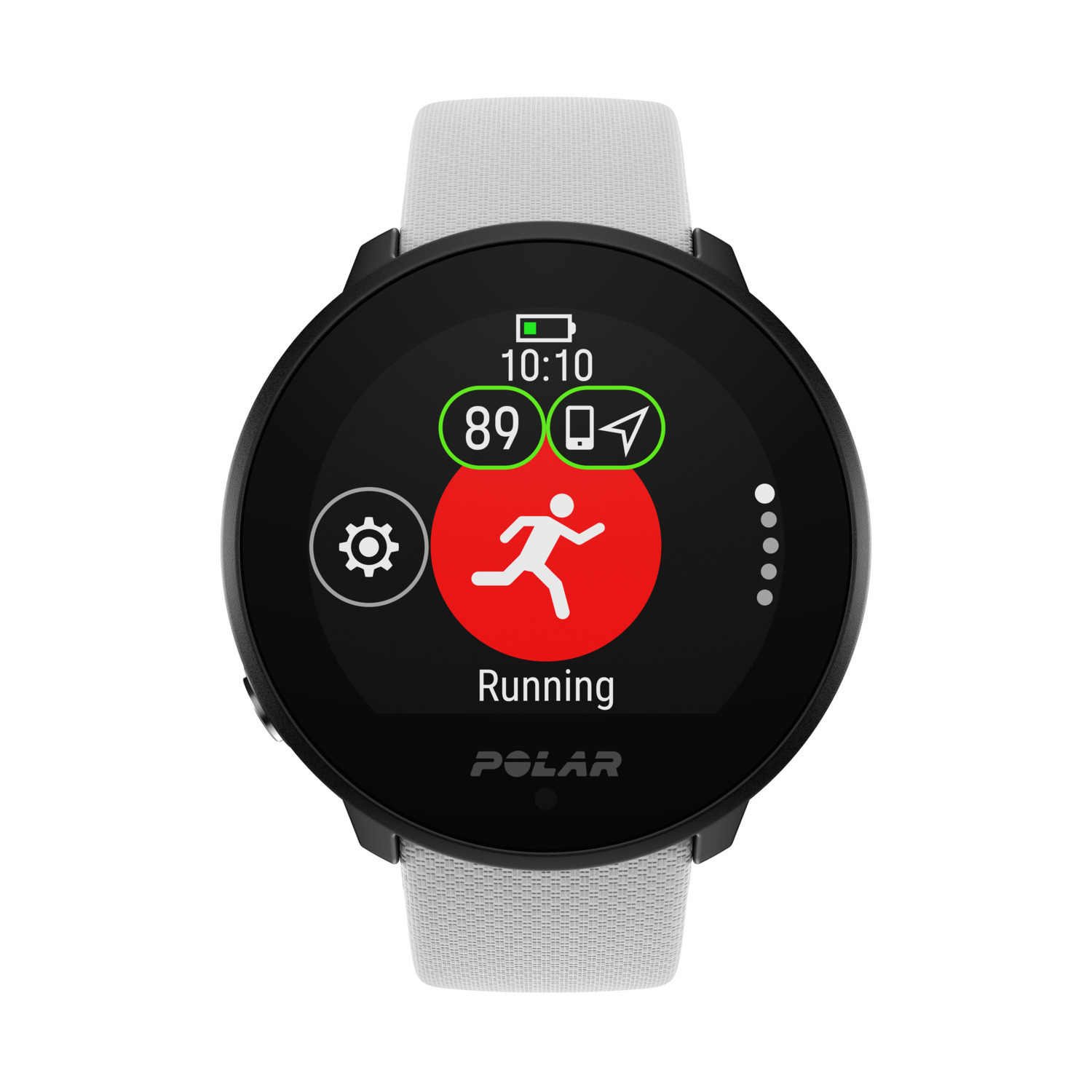 Montre connectée noire avec bracelet blanc affichant les statistiques de course.