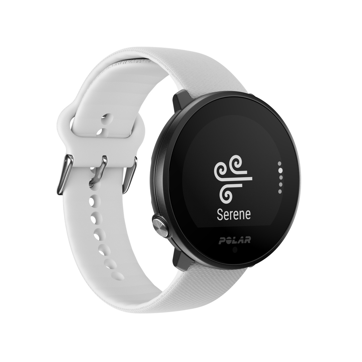 Une montre intelligente Polar blanche avec un écran noir affichant un symbole de vent et le mot Serene.