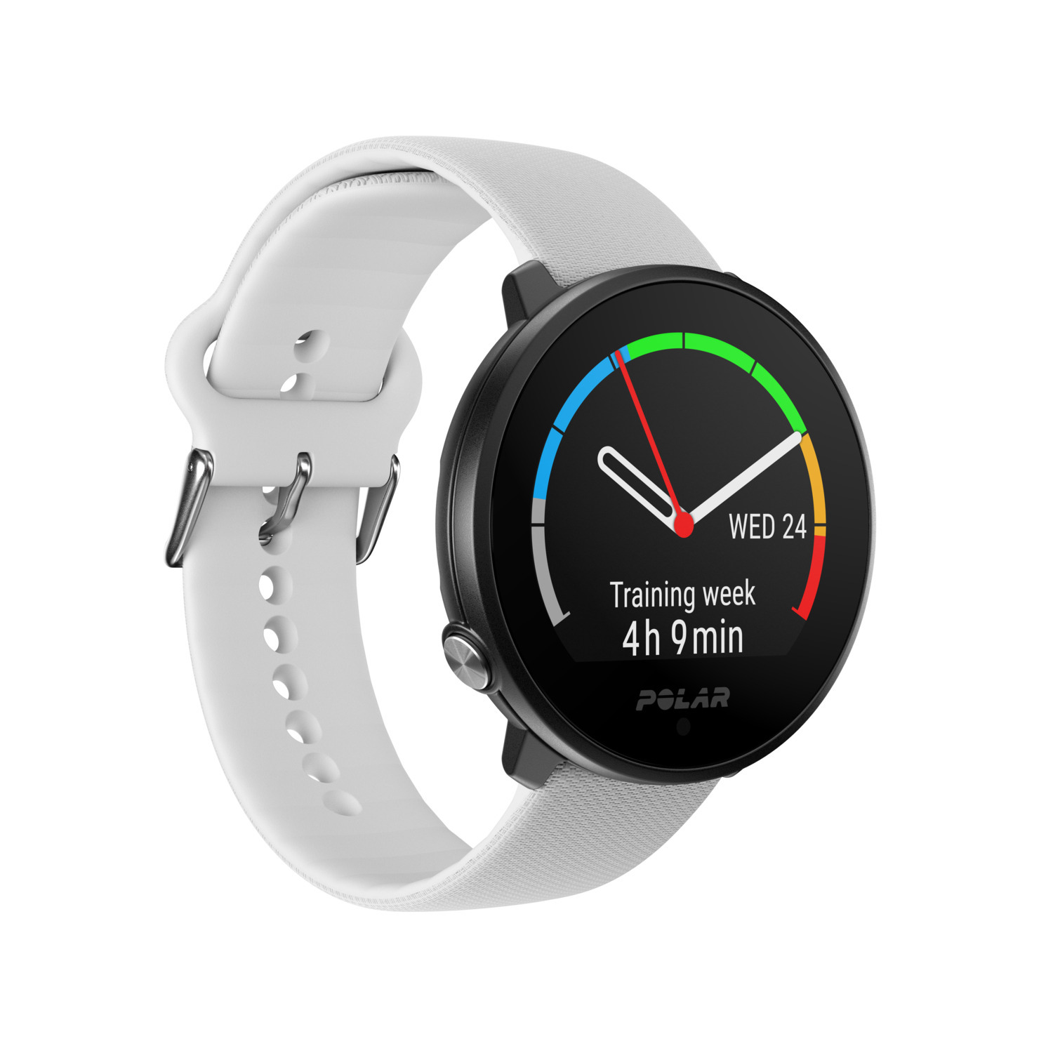Une montre connectée blanche avec un écran noir affichant la semaine d'entraînement, et un bracelet blanc.