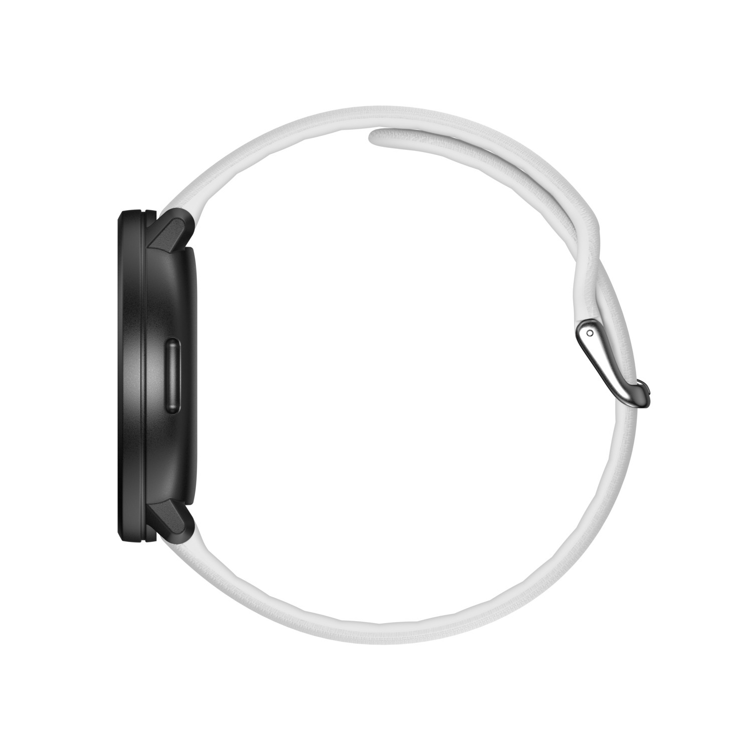 Montre connectée noire avec bracelet blanc, vue latérale, fond blanc.