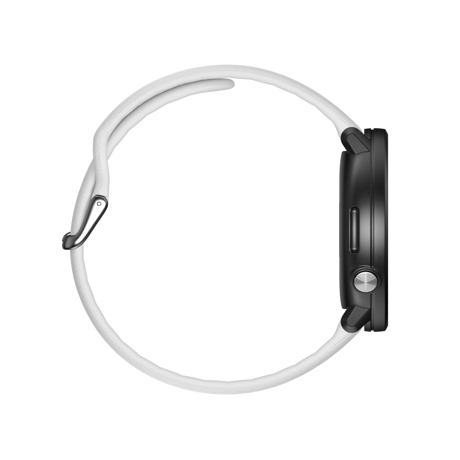 Montre connectée noire avec bracelet blanc. Vue latérale, montrant le cadran de la montre et le bracelet attaché.
