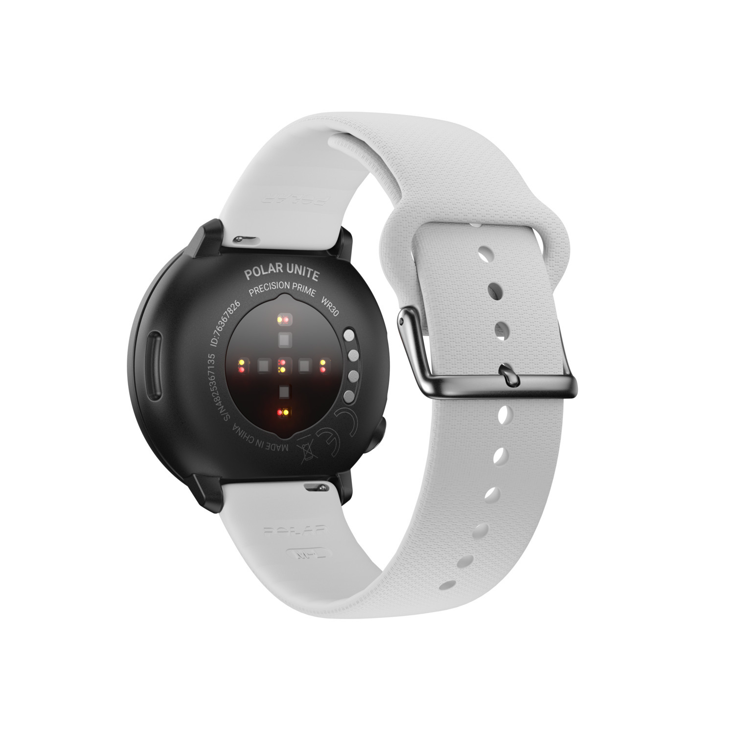 Dos de smartwatch blanc. Affiche les capteurs et le bracelet.