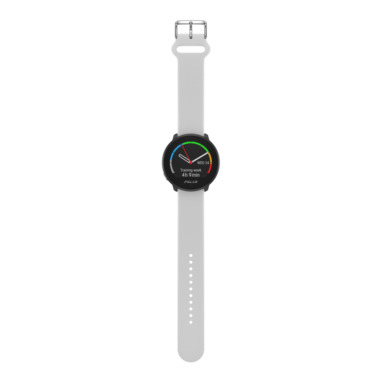 Montre connectée avec bracelet blanc et cadran noir affichant l'heure.