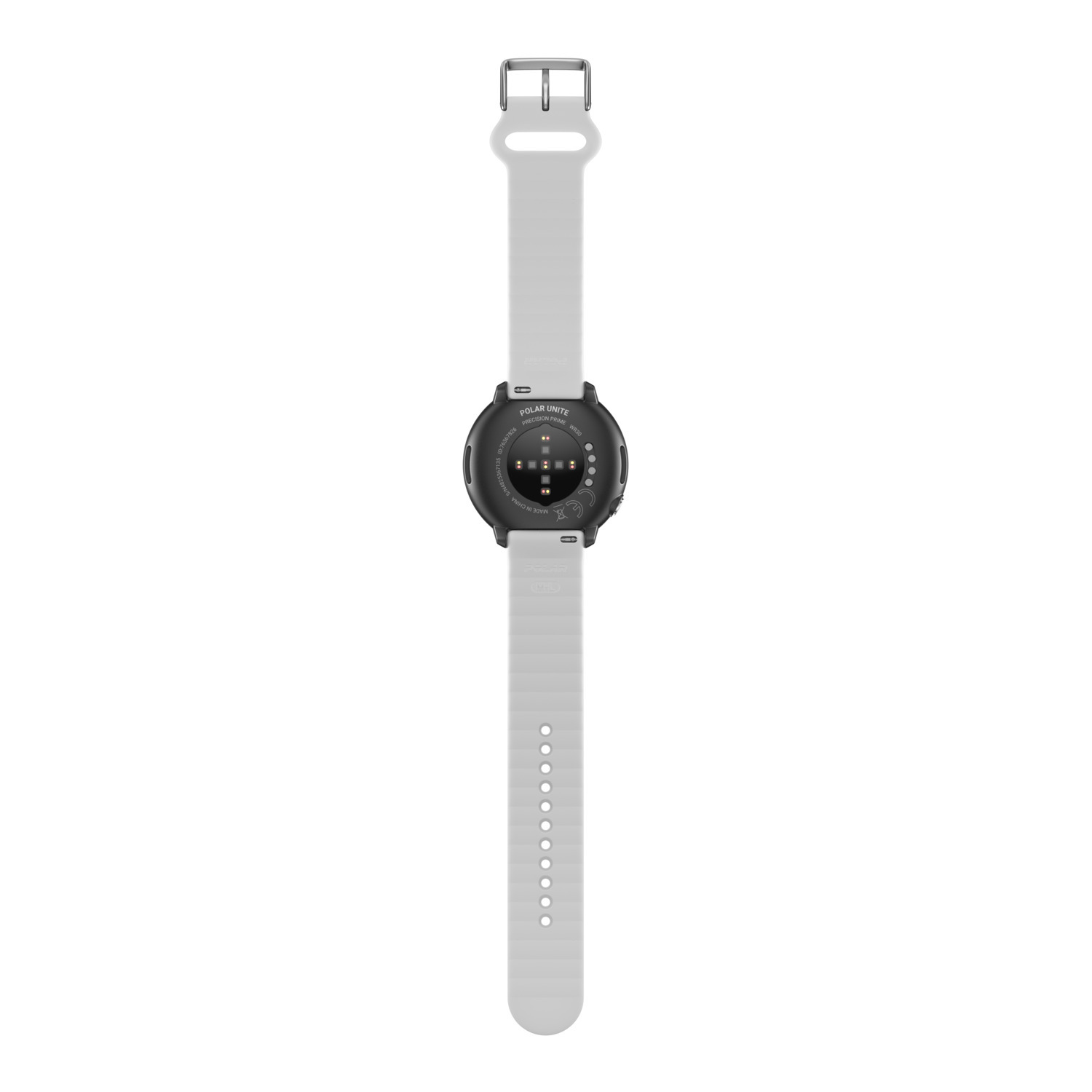 Dos d'une smartwatch blanche avec un bracelet blanc.
