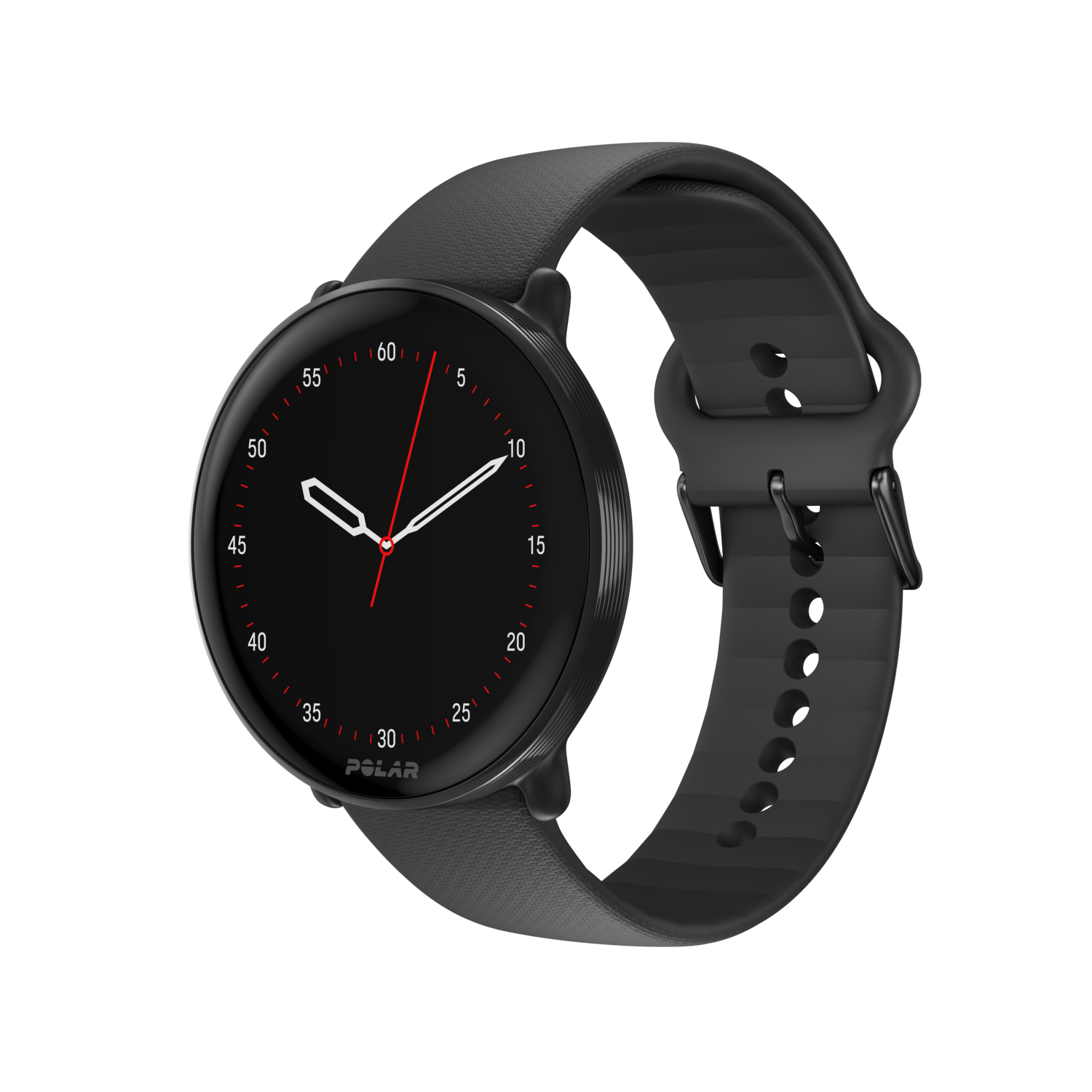 Une montre connectée noire avec cadran rond, bracelet noir et trotteuse rouge sur fond noir.