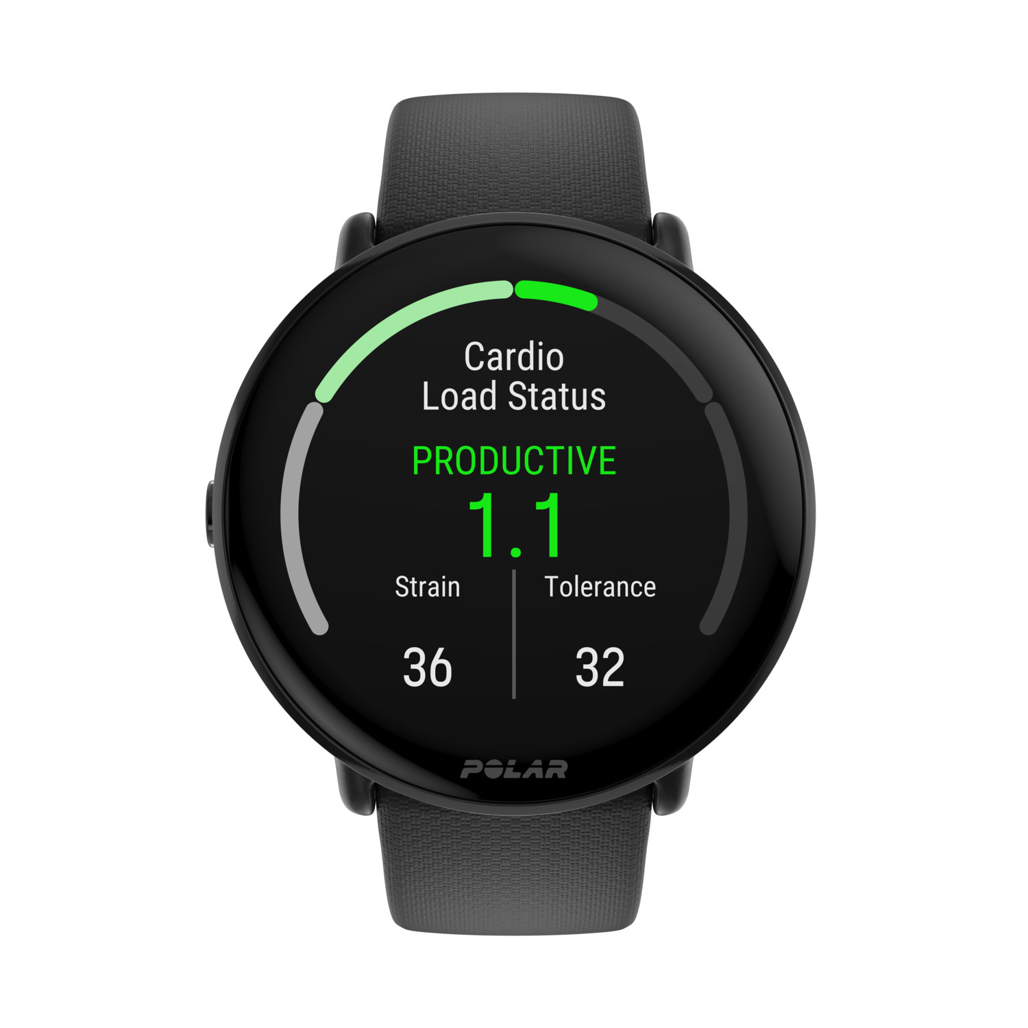 Montre connectée noire affichant des données de fitness. Barre verte productive et chiffres. Bracelet noir.
