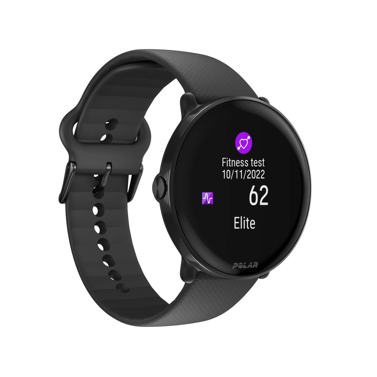 Montre connectée noire avec bracelet noir. L'écran affiche les données du test de fitness. Fond blanc.