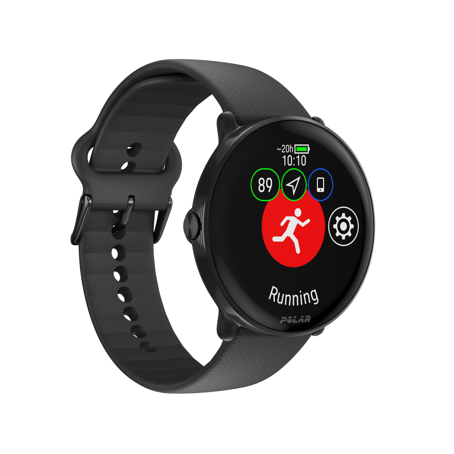 Montre connectée Polar noire avec données de fitness et de fréquence cardiaque.