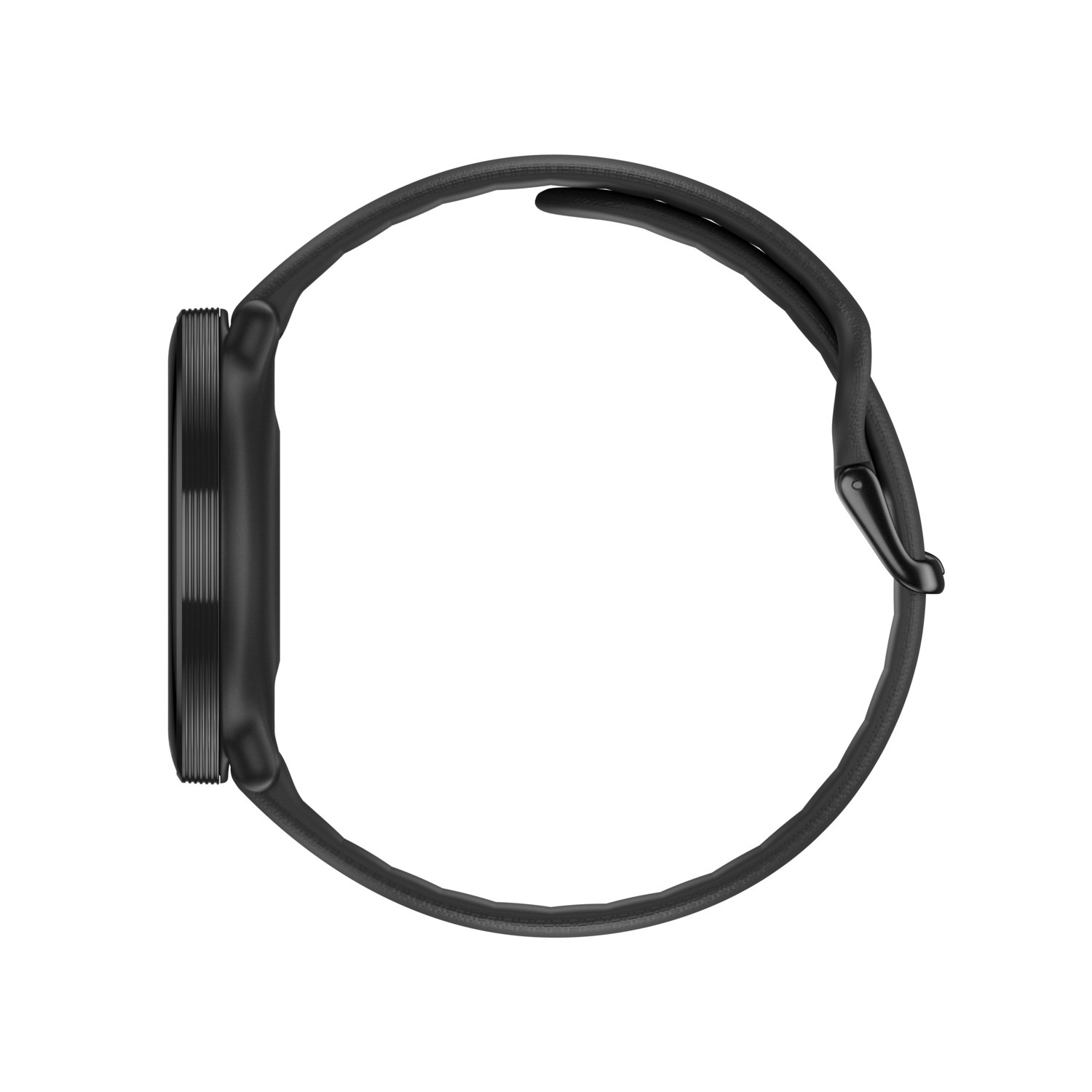 Smartwatch noire de profil, avec cadran circulaire et bracelet noir, fond blanc.
