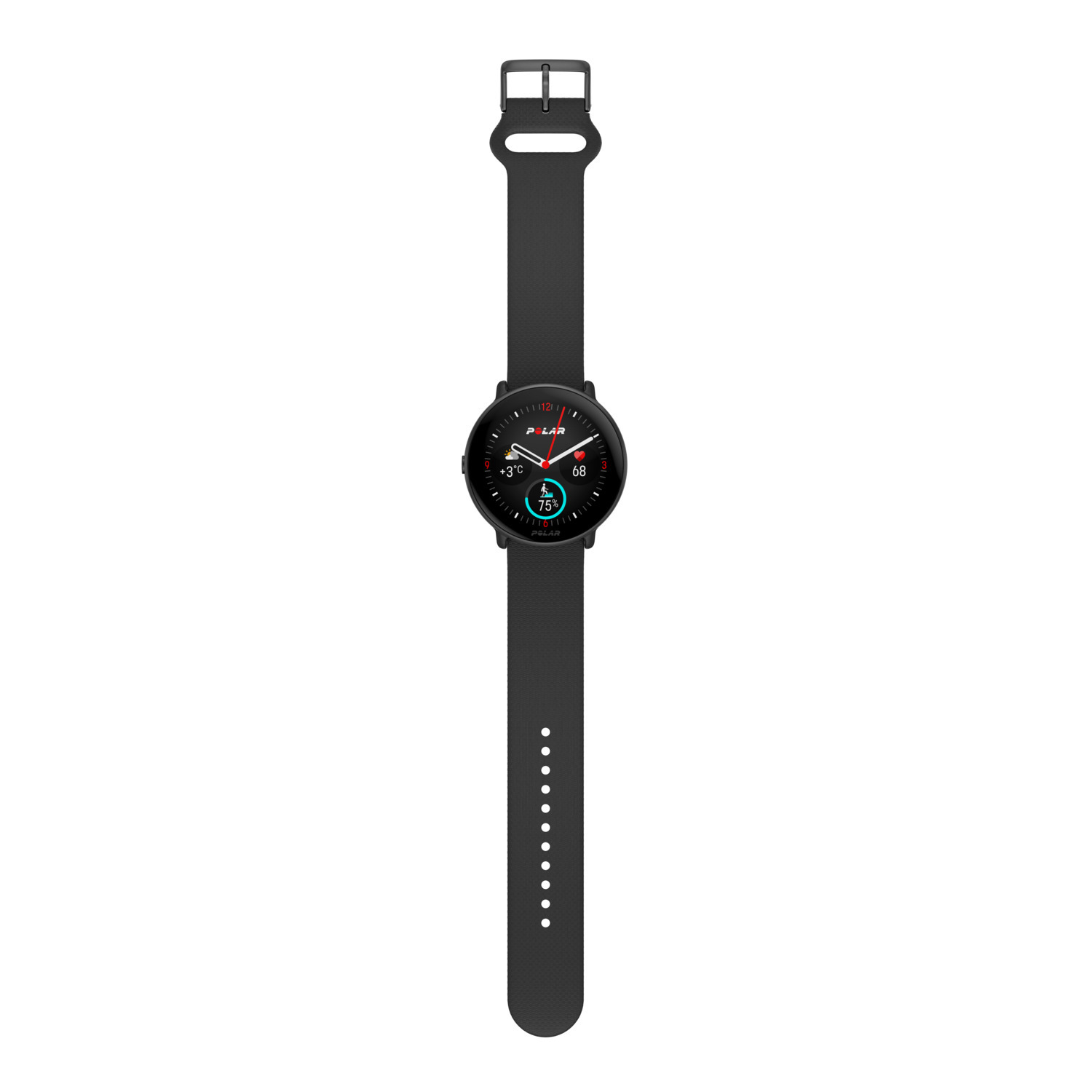 Smartwatch Polar noire avec bracelet noir, la montre affiche des chiffres.