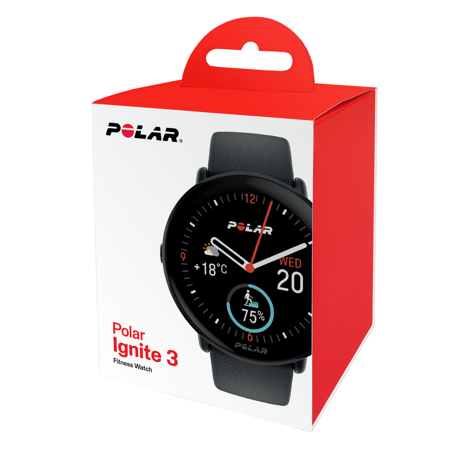 Une boîte blanche et rouge avec une montre de fitness Polar Ignite 3 exposée. Fond blanc.