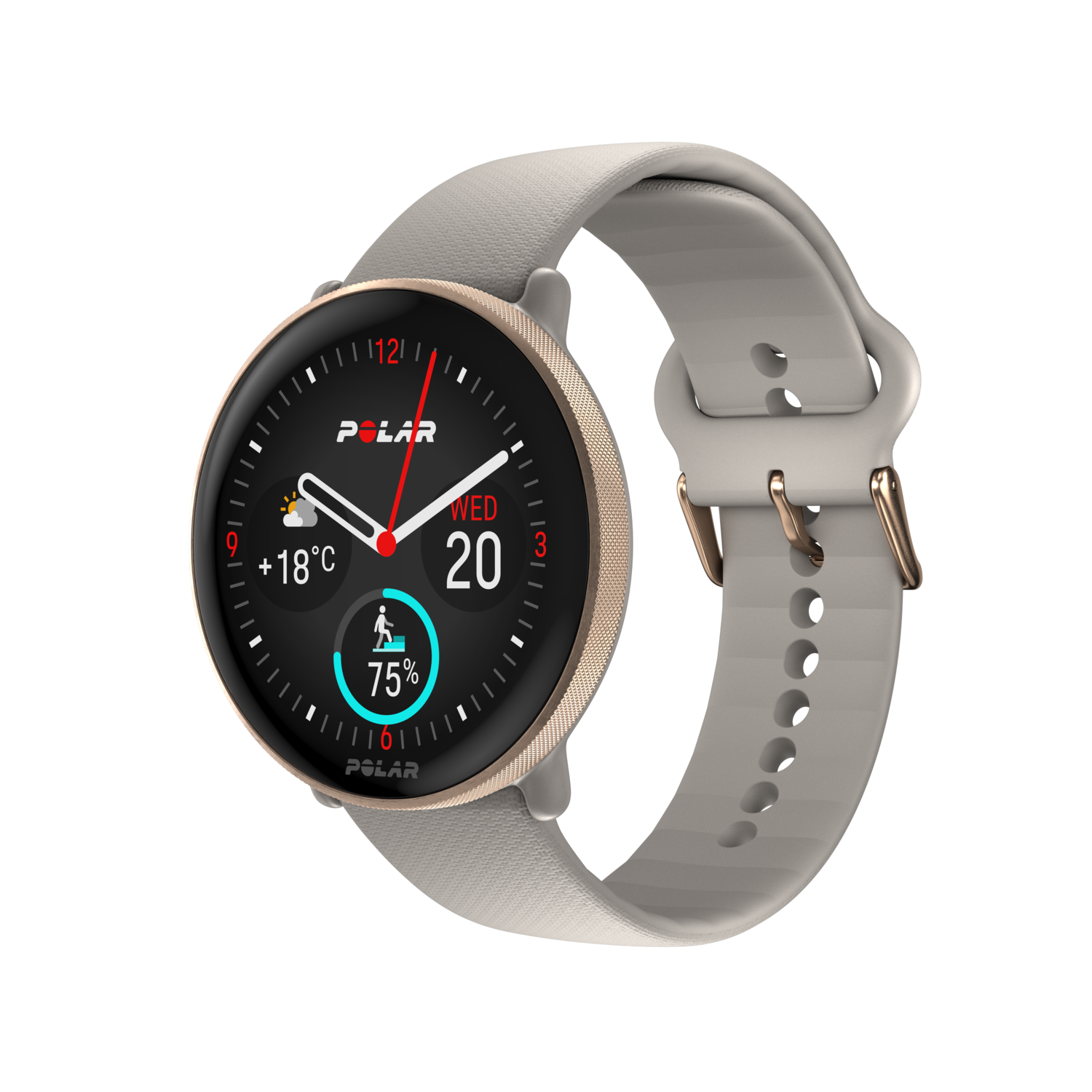 Smartwatch Polar avec bracelet gris et garnitures dorées. Affiche l'heure, la météo et le pourcentage.