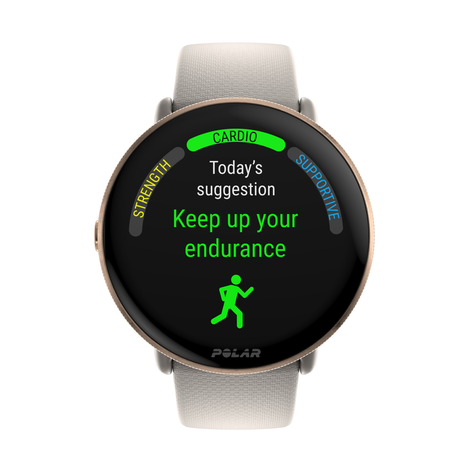 Tracker de fitness Polar avec icône et texte cardio vert, plus bracelet beige.