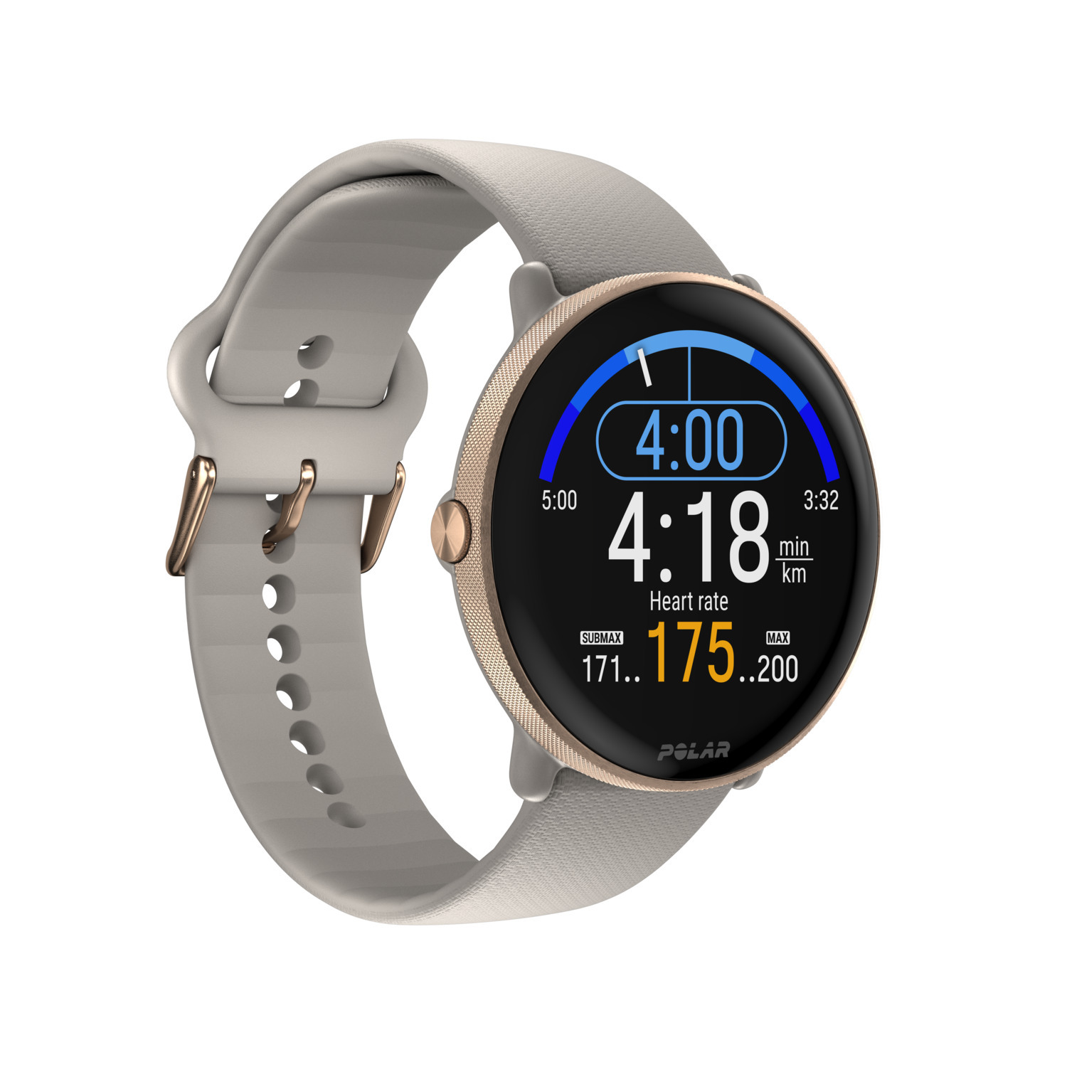 Smartwatch grise avec bord doré, affichant la fréquence cardiaque et l'heure 4:18, min/km 175/200.