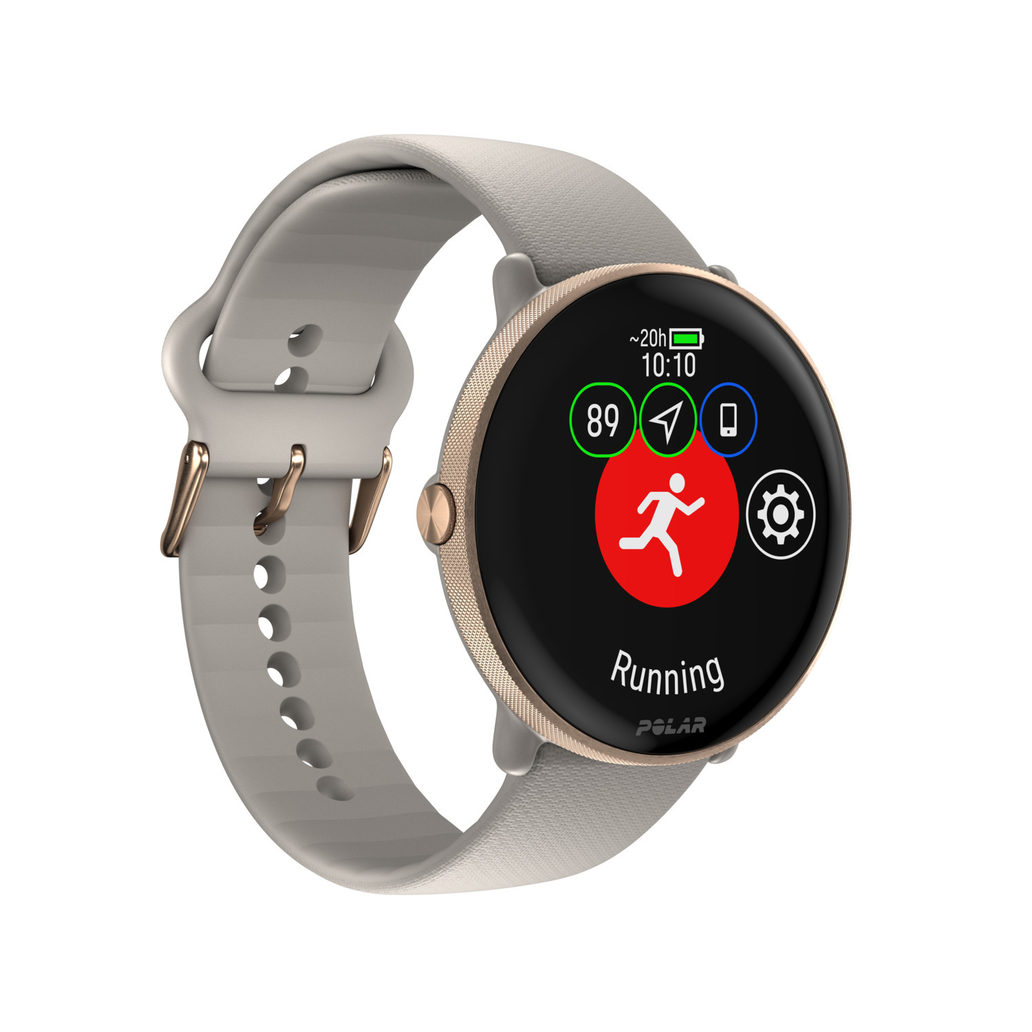 Une smartwatch Polar avec un bracelet gris, affichant l'activité de course sur son écran.