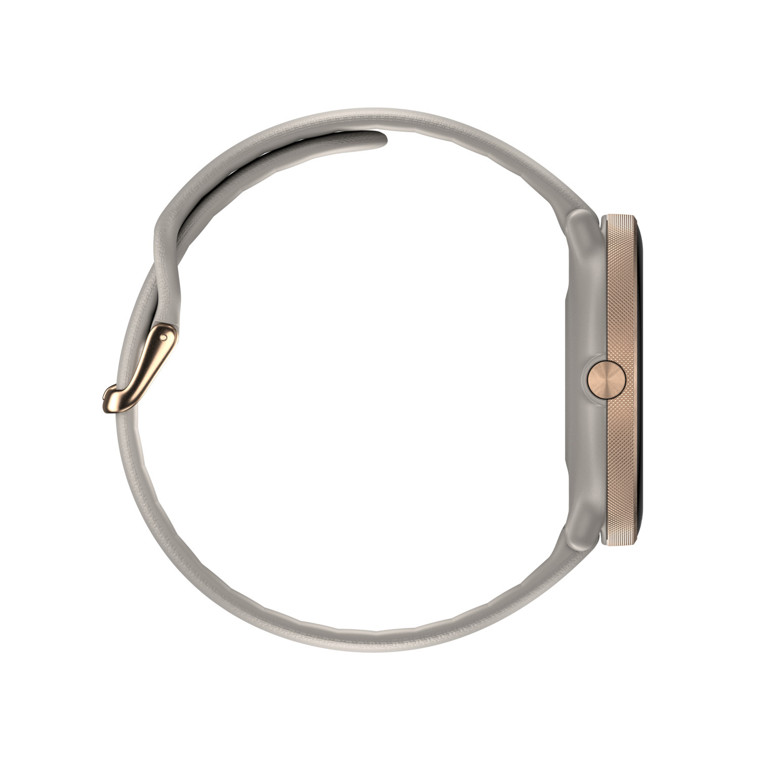 Vue latérale d'une montre connectée avec un bracelet gris et un fermoir doré.