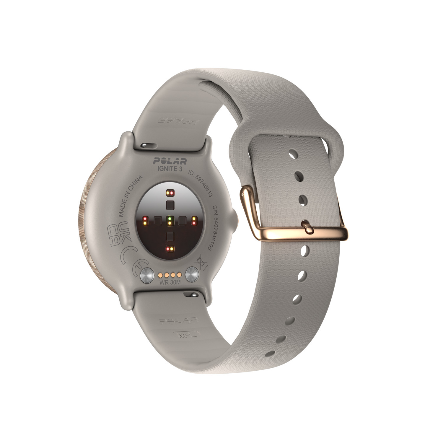 Smartwatch grise, vue arrière, montrant capteurs et bracelet. Boucle dorée. Fond blanc.
