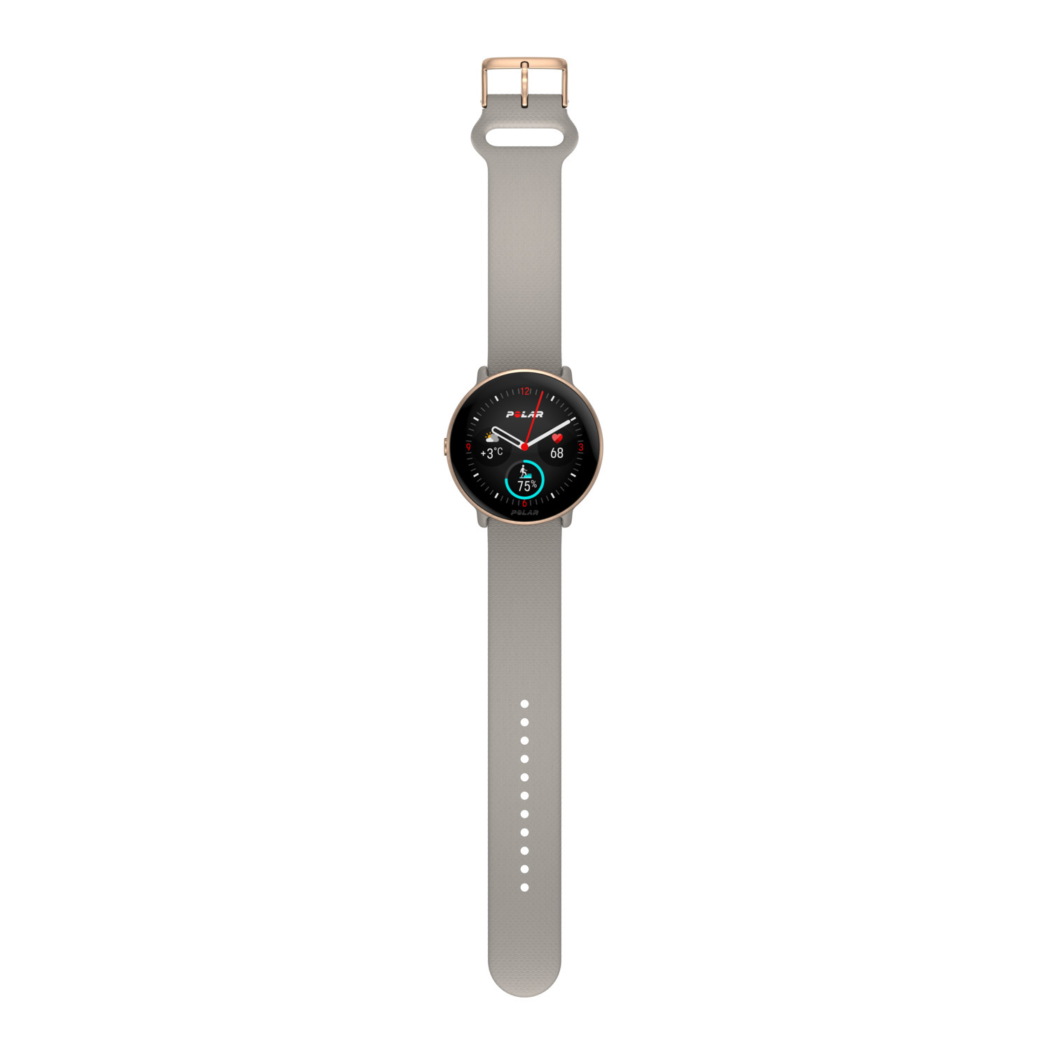 Montre Polar grise avec boucle dorée sur fond blanc.