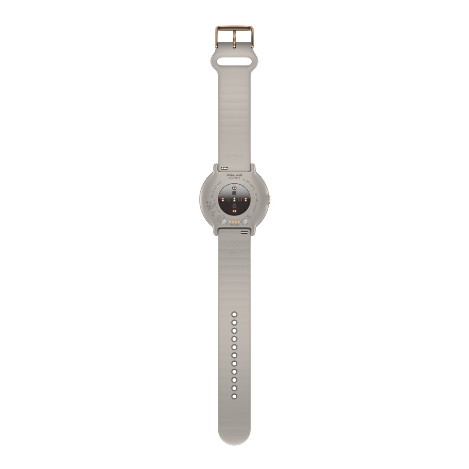 Dos de la smartwatch grise. Affiche les capteurs et le bracelet.