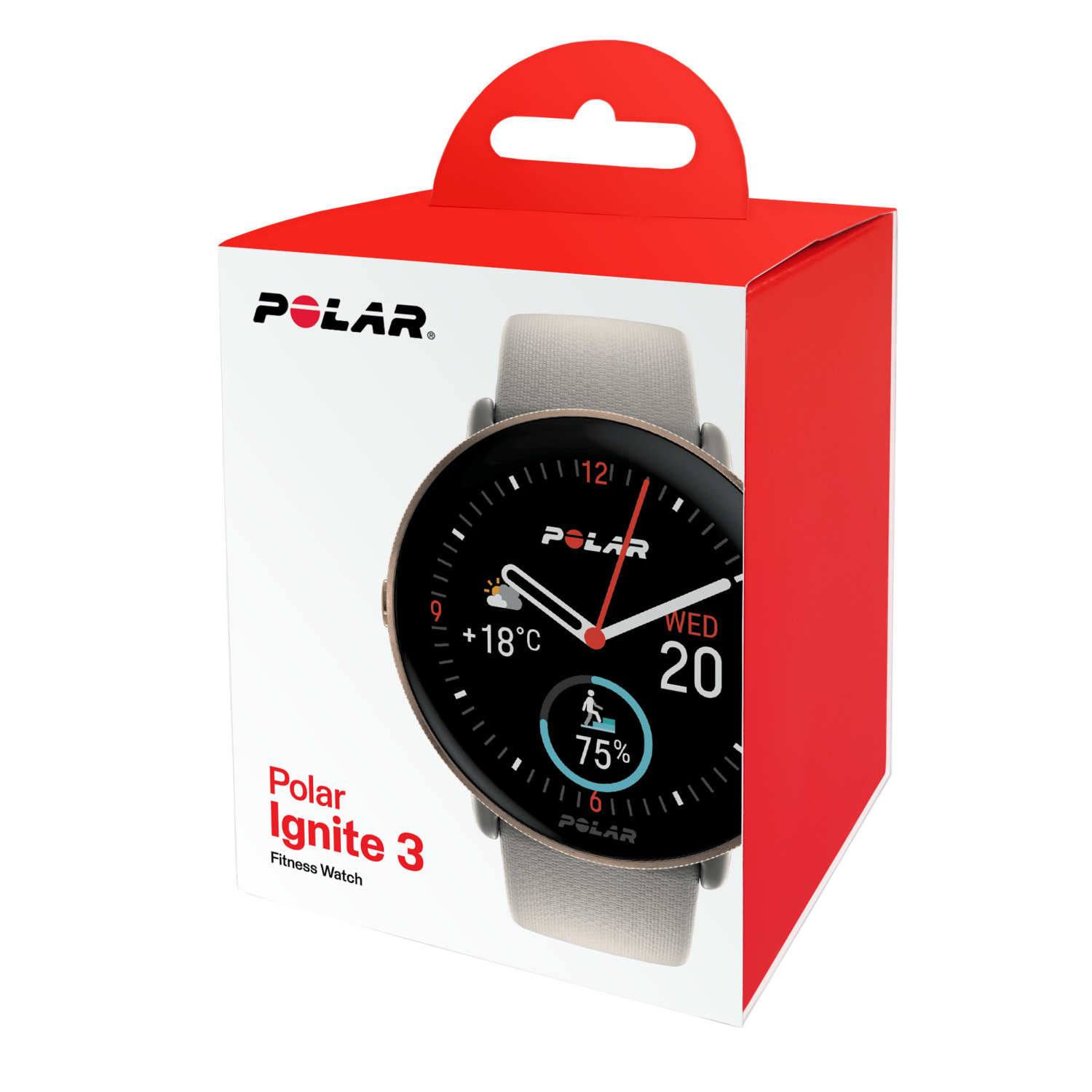 Montre Polar Ignite 3 dans une boîte. L'écran de la montre affiche l'heure, la date et la température.