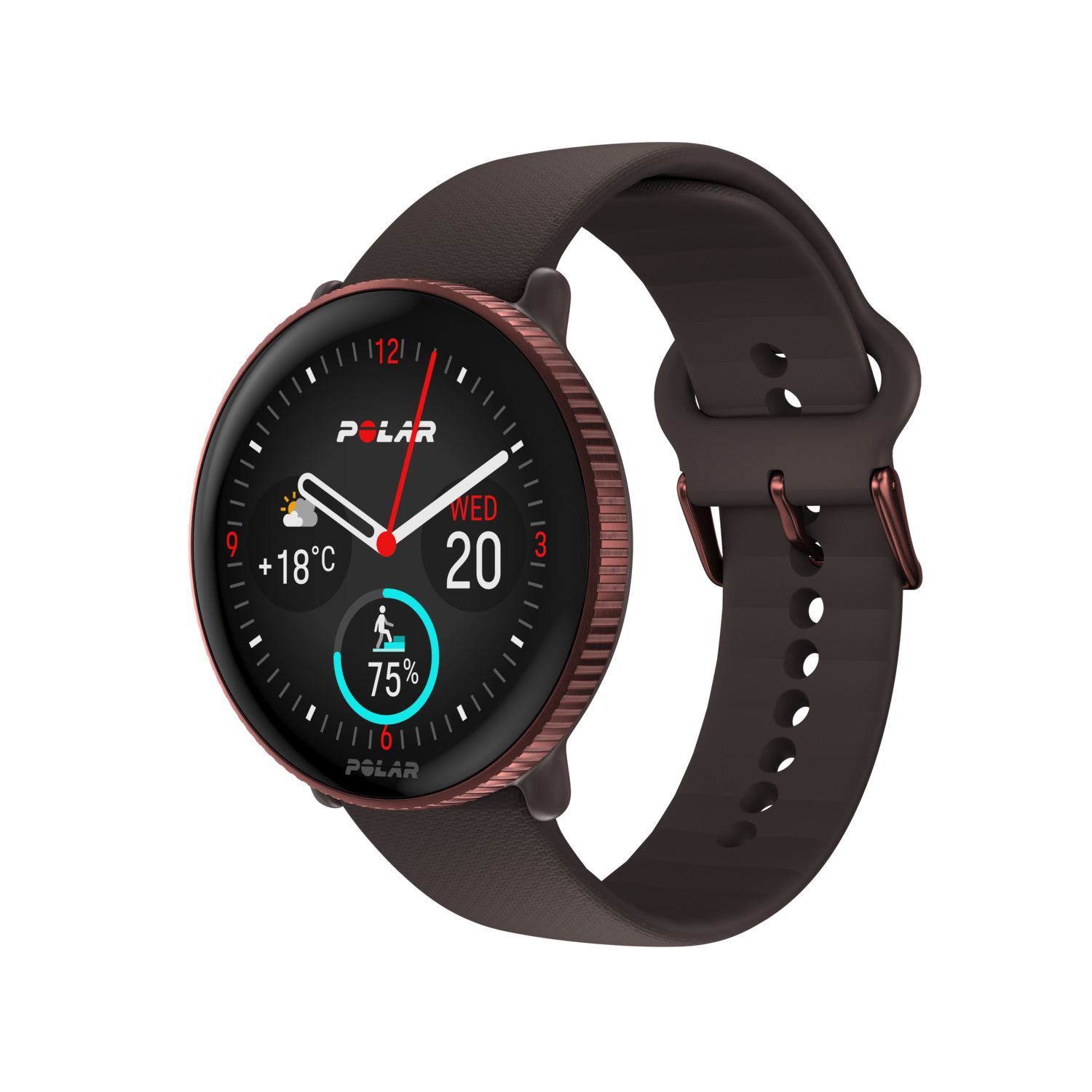 Smartwatch Polar avec écran noir, affichant l'heure, la météo et la batterie. Bracelet marron.
