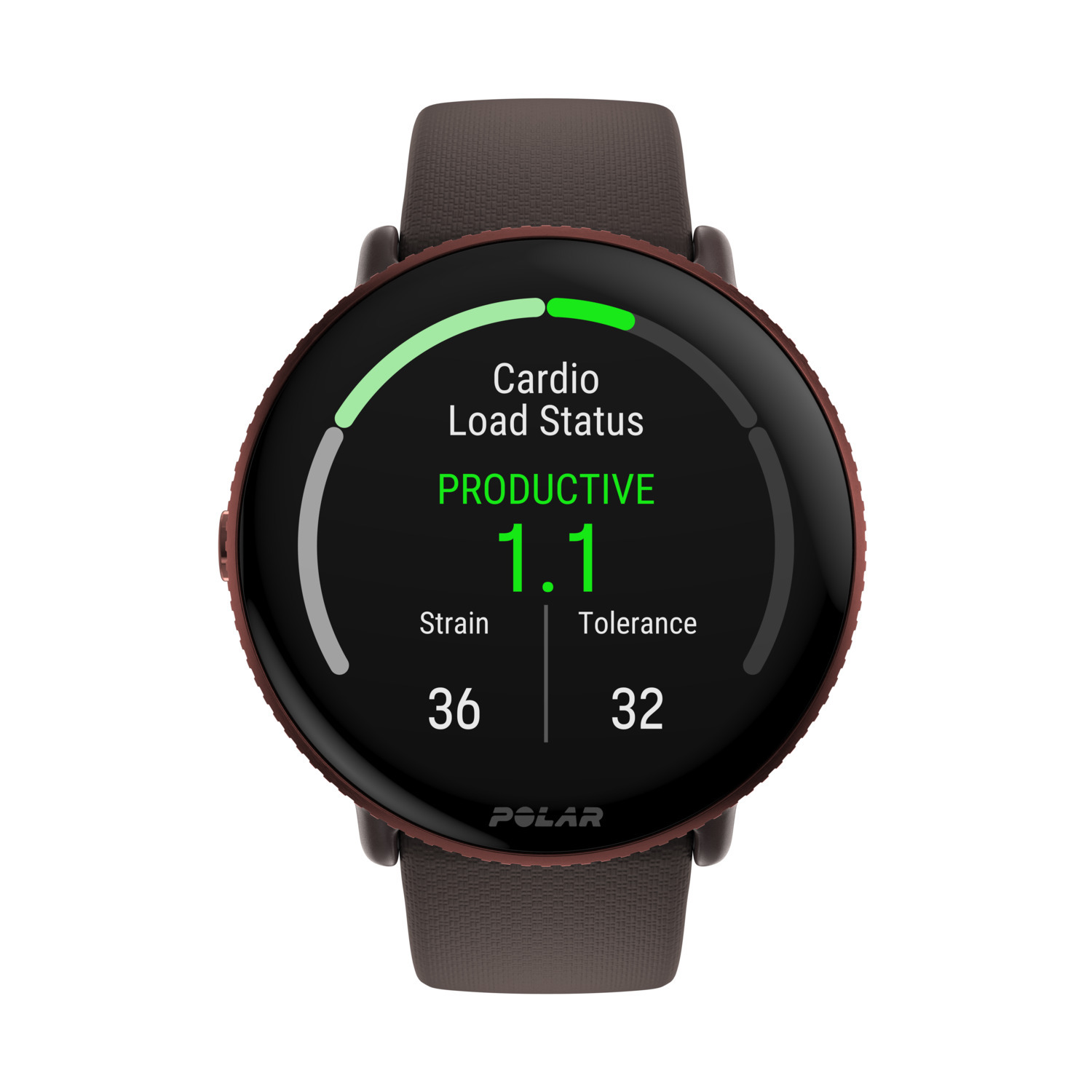 Une montre connectée marron affiche un état de charge cardiaque. L'état est productif et l'effort et la tolérance sont affichés.