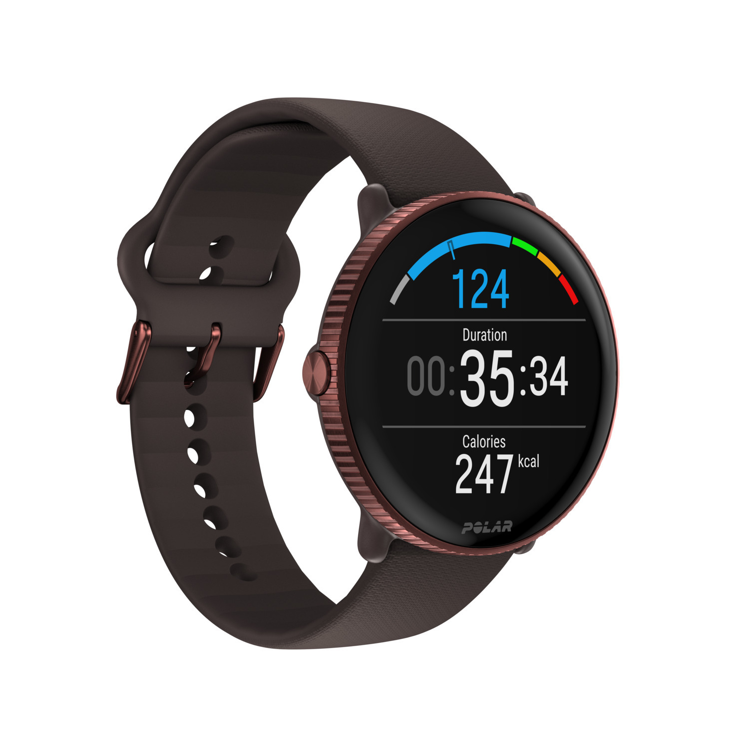 Une montre connectée Polar avec un bracelet marron. Le cadran affiche la durée, les calories et l'heure.