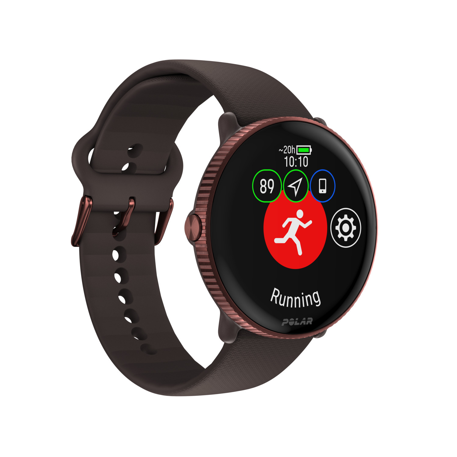 Smartwatch marron avec écran rond noir.
