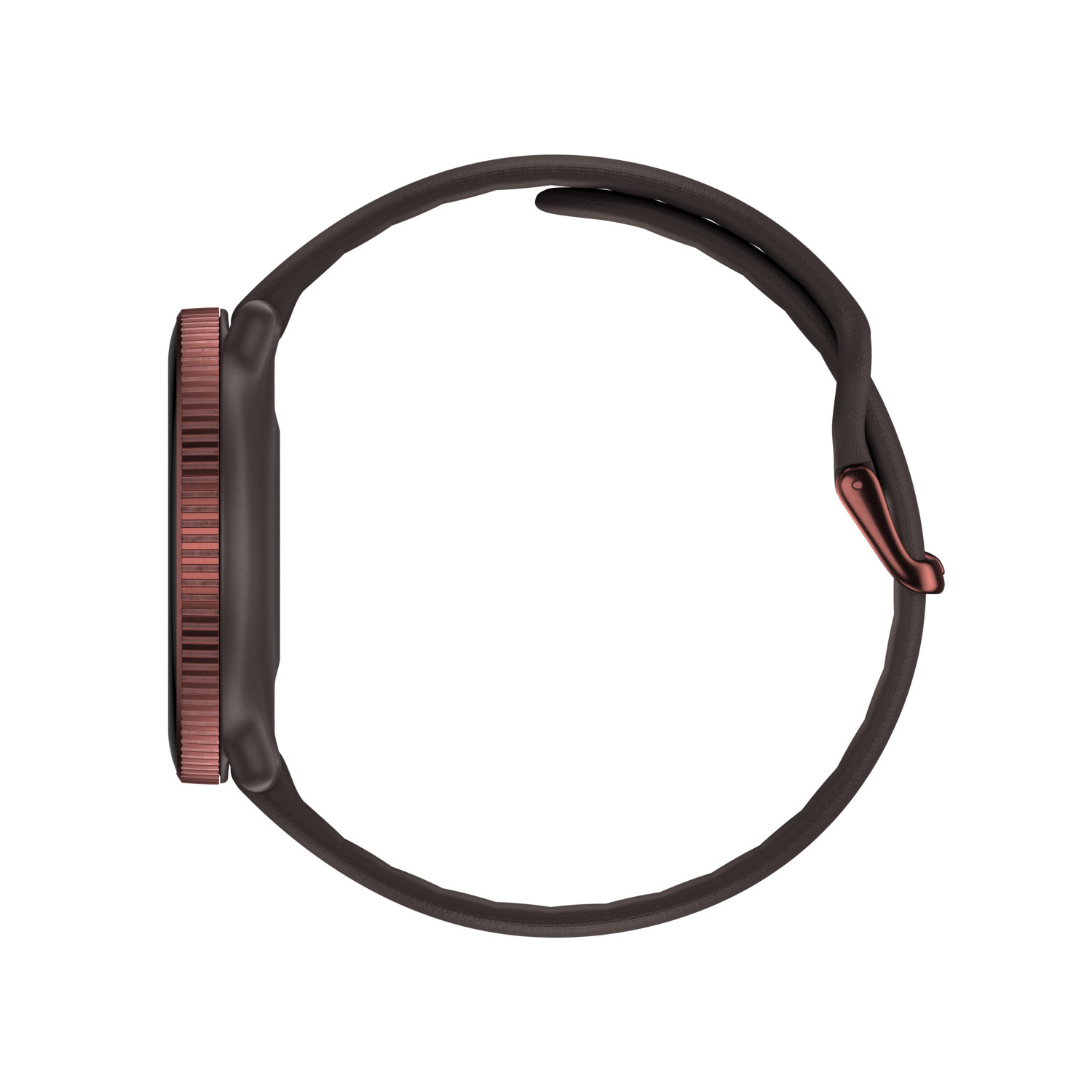 Vue latérale d'une montre intelligente marron avec bracelet marron foncé et fermoir bronze, sur fond blanc.