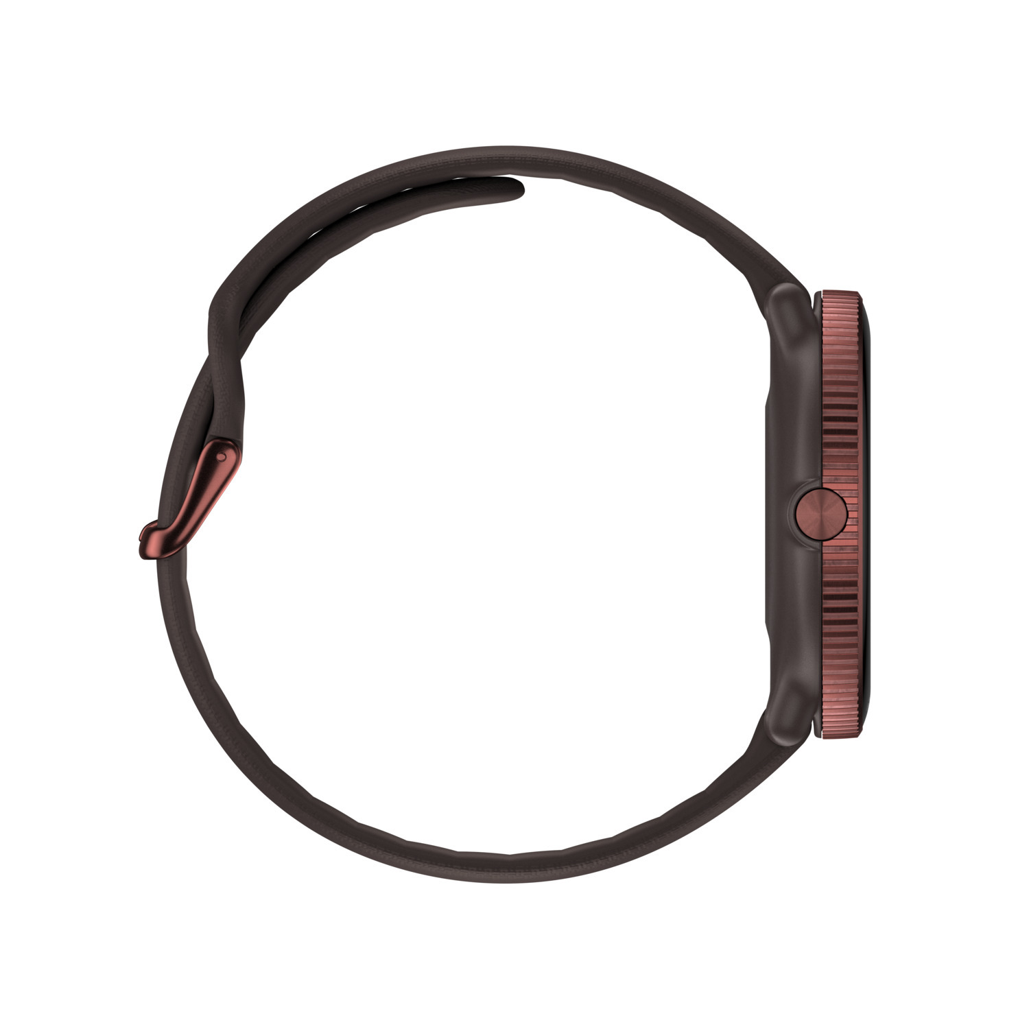 Vue latérale d'une smartwatch marron avec bracelet en cuir marron.