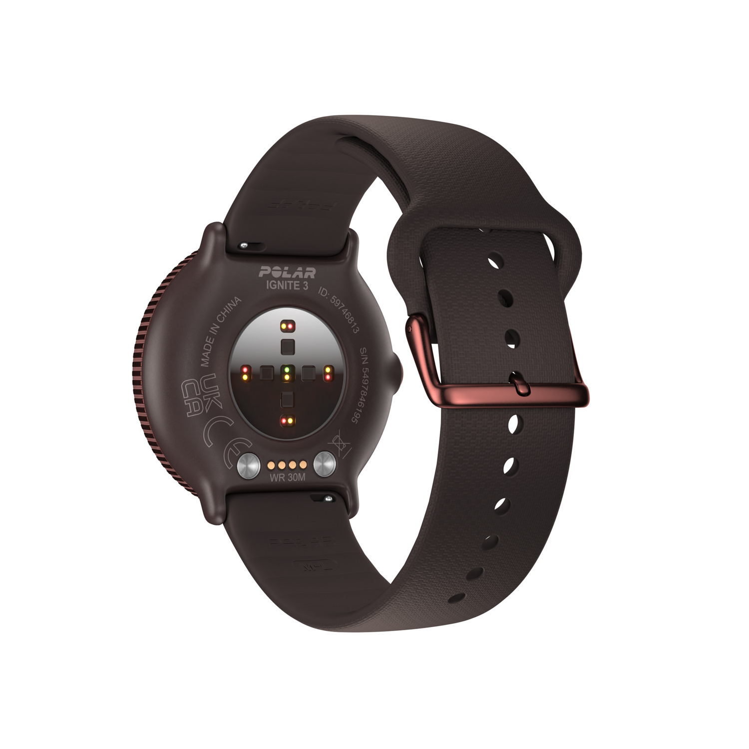 Vue arrière d'une montre connectée marron avec bracelet marron et fermoir or rose.