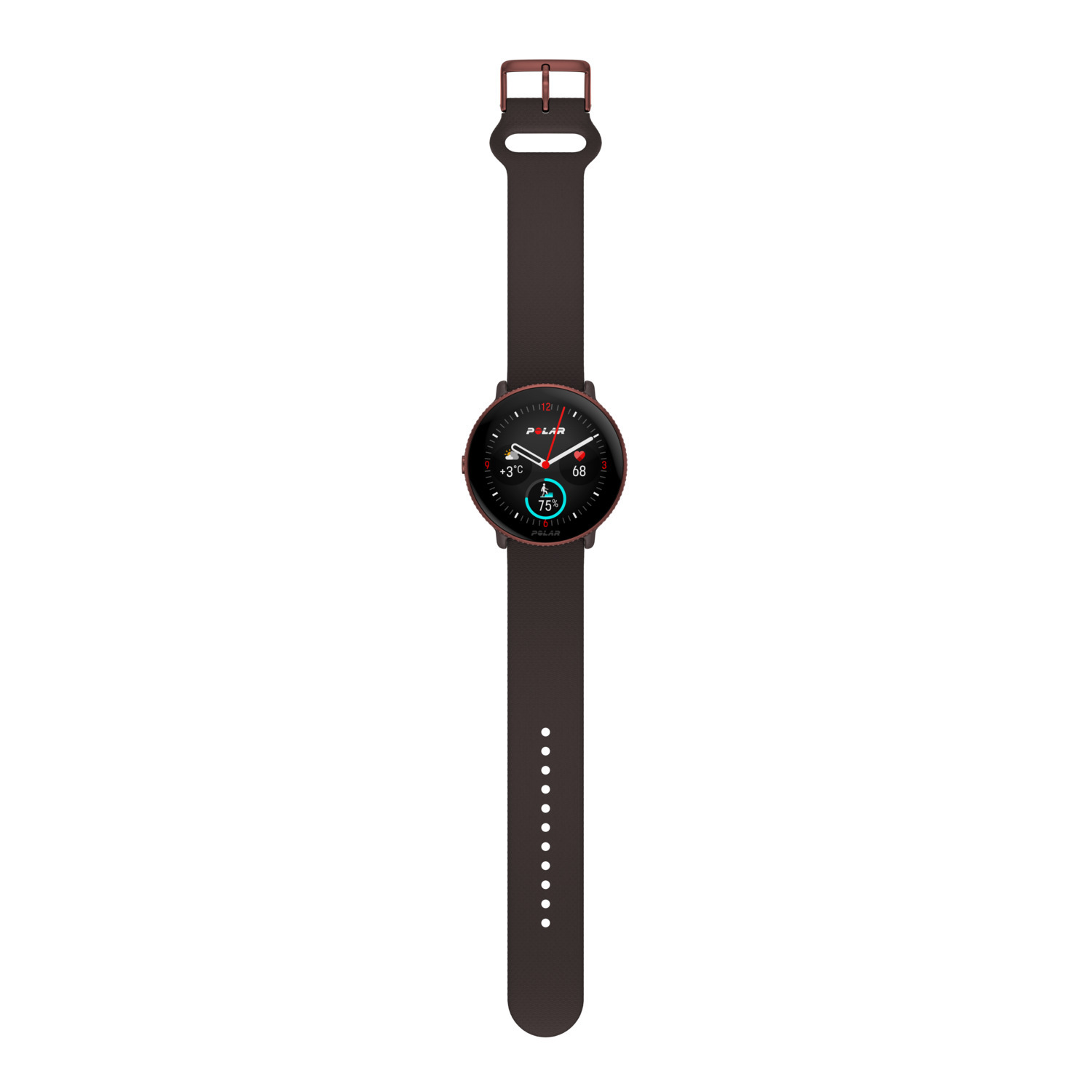 Une montre intelligente noire avec un bracelet marron. Le cadran affiche l'heure et d'autres mesures.