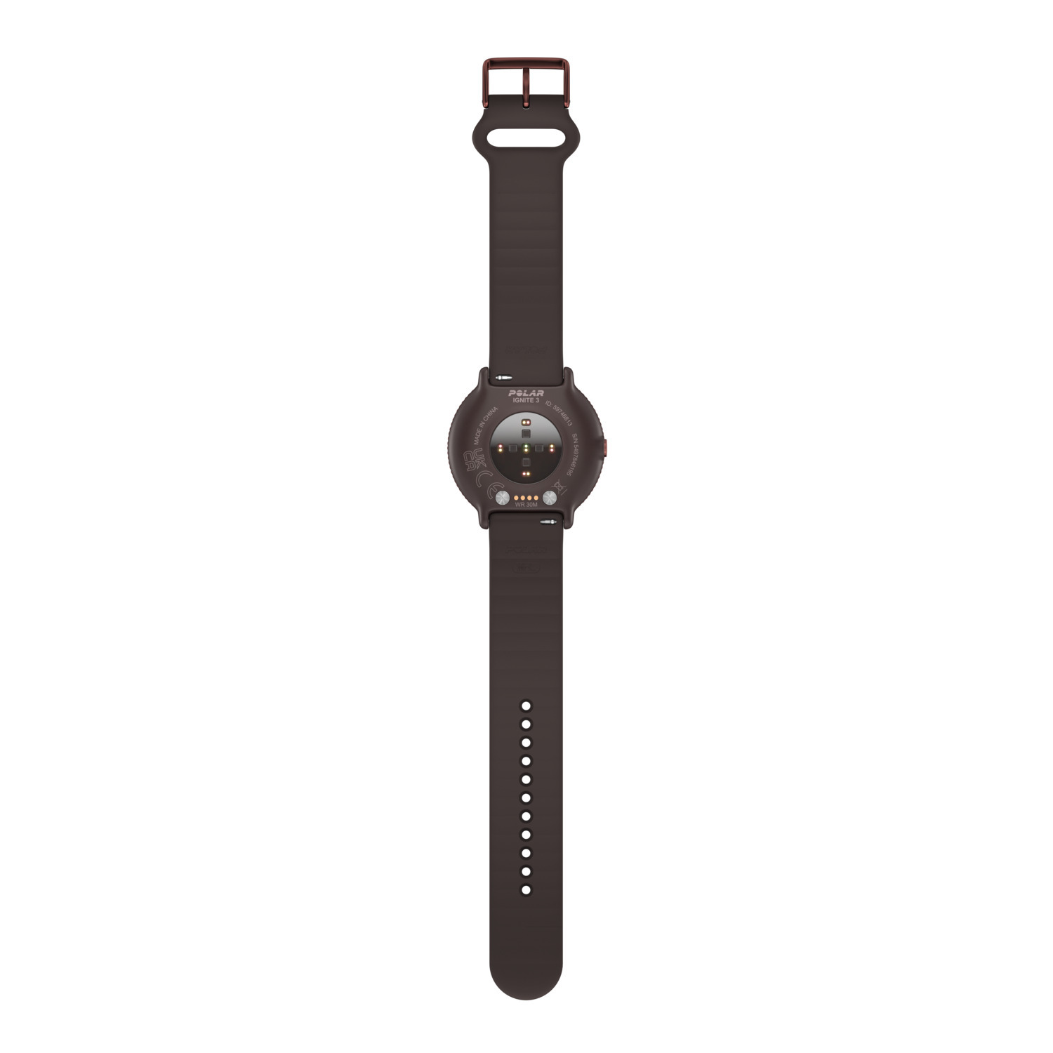 Une smartwatch marron avec un bracelet marron, face arrière tournée vers la caméra.