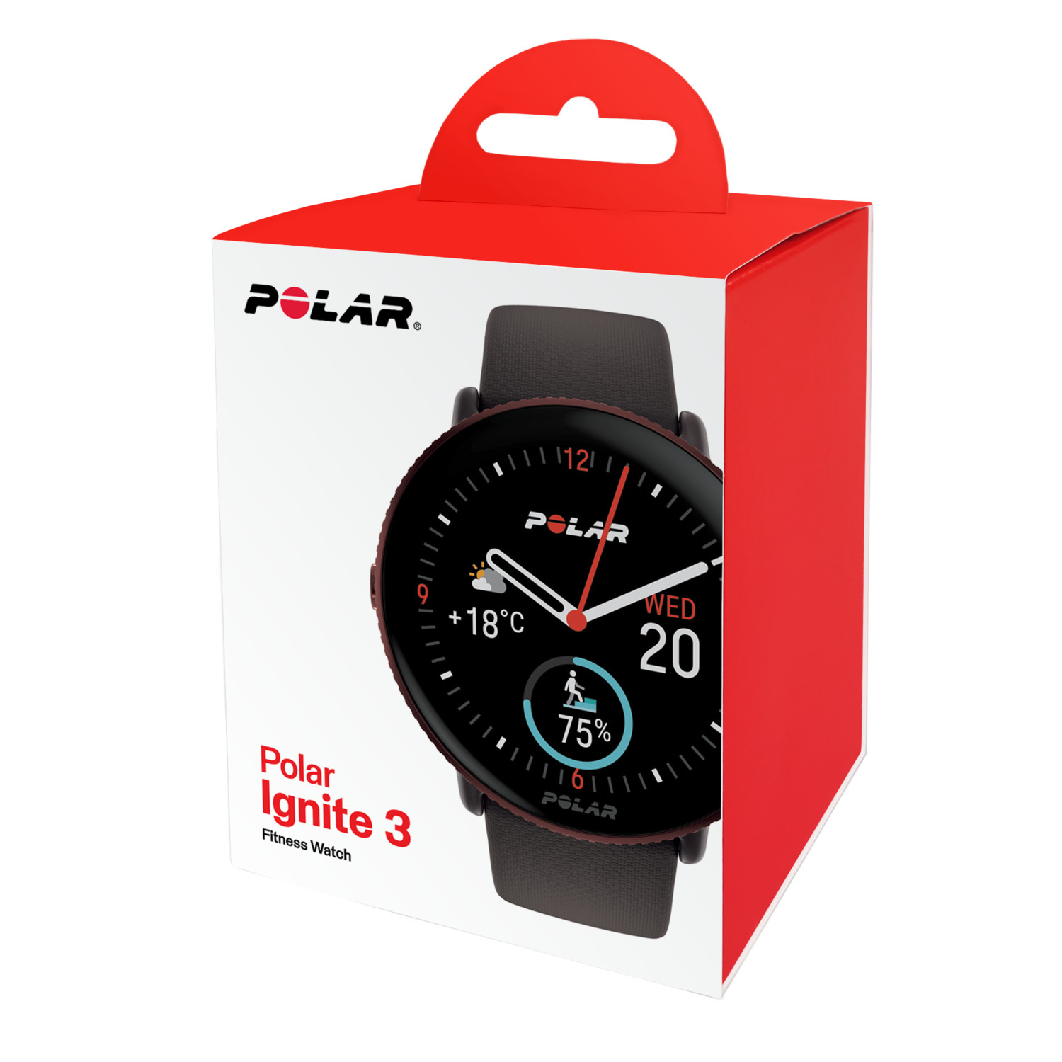 Une montre de fitness Polar Ignite 3 dans sa boîte rouge et blanche, montrant son écran.