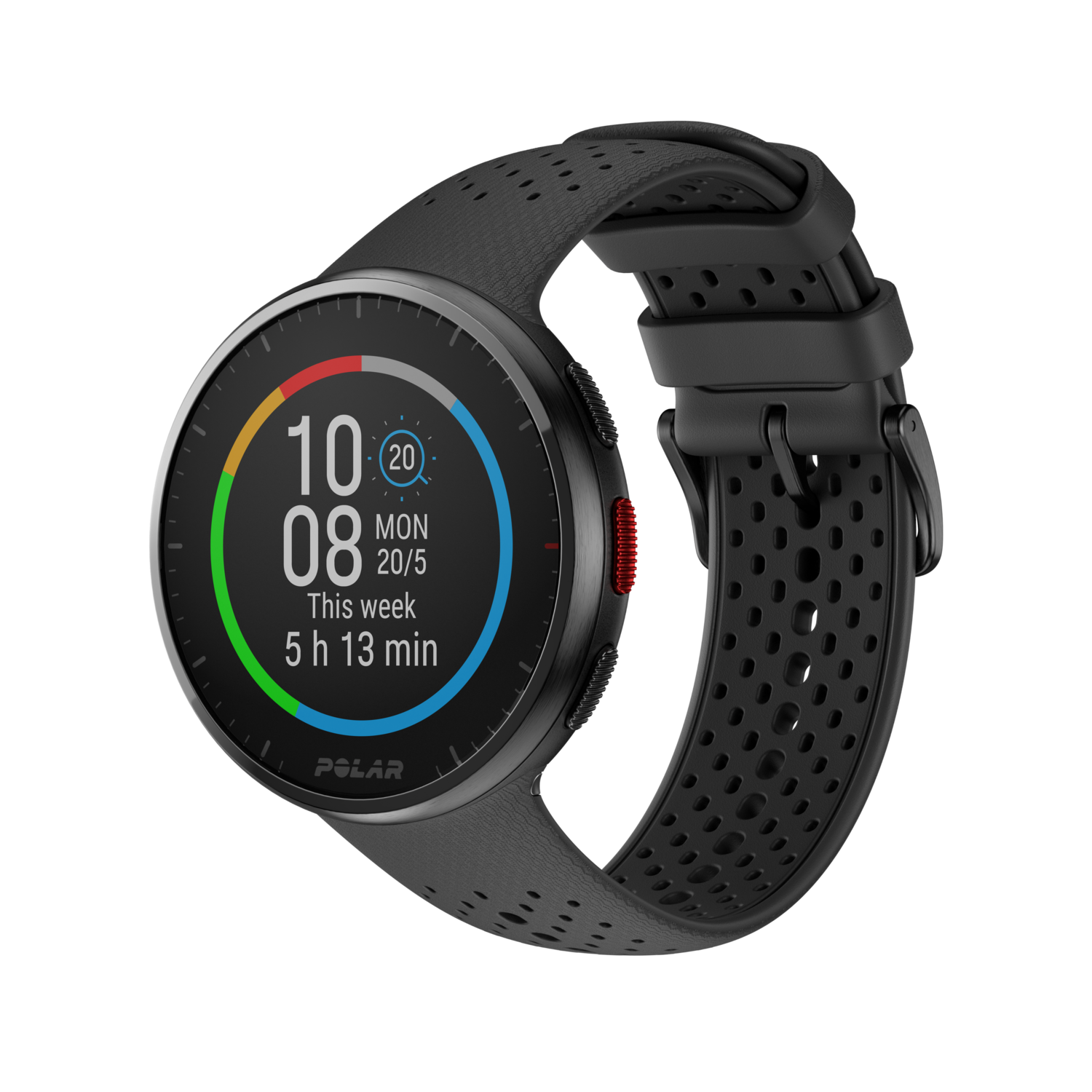 Zwarte smartwatch met zwarte band. Toont datum, tijd en hartslaggegevens.