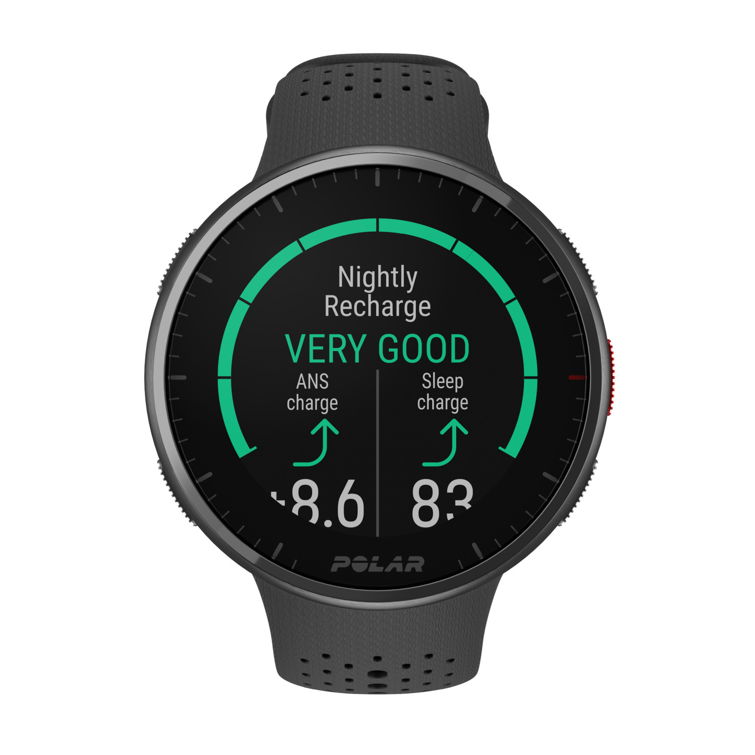 Zwarte smartwatch met slaap- en activiteitsgegevens, met 'Very Good'.