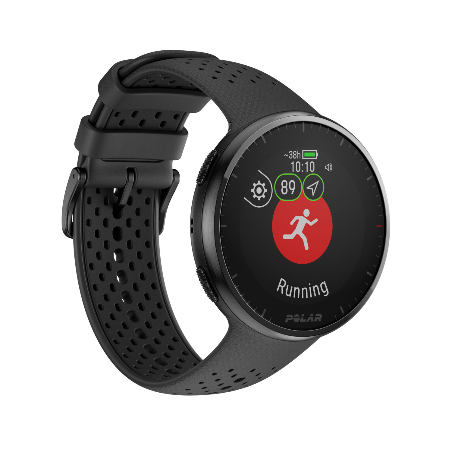 Een zwarte smartwatch met een zwarte band, die een hardloopactiviteit op het scherm weergeeft.