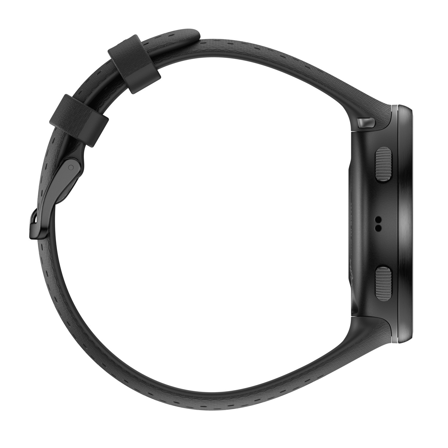 Zwarte smartwatch met een zwarte leren band.